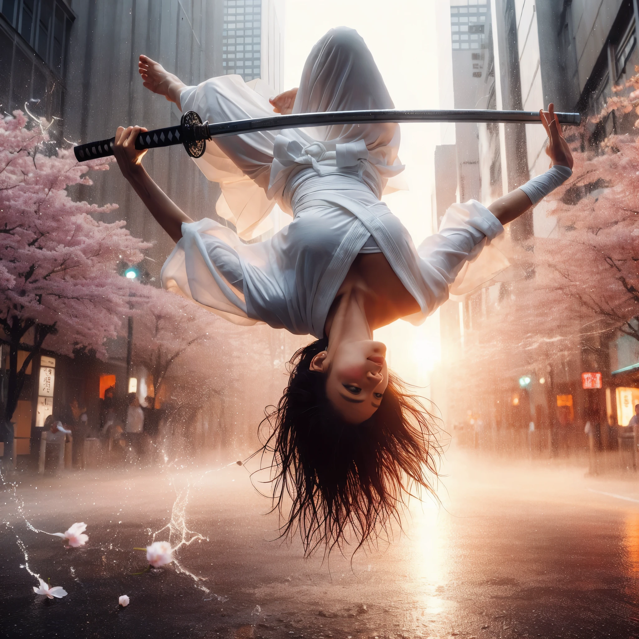 super high angle shot, a beautiful woman tribal,carrying white katana,doing stunning somersaults in city street, wearing white thin shirt,sunrise, background a falling cherry blossoms and city street,perfect proportional body, rainy atmosphere,stunning splash water effects from katana movement, smoke,ultra HD 32K,detailed and intricate, light focused on faces, ultra detail on faces,hyperrealistic, superrealistic photography, lighting on the front.