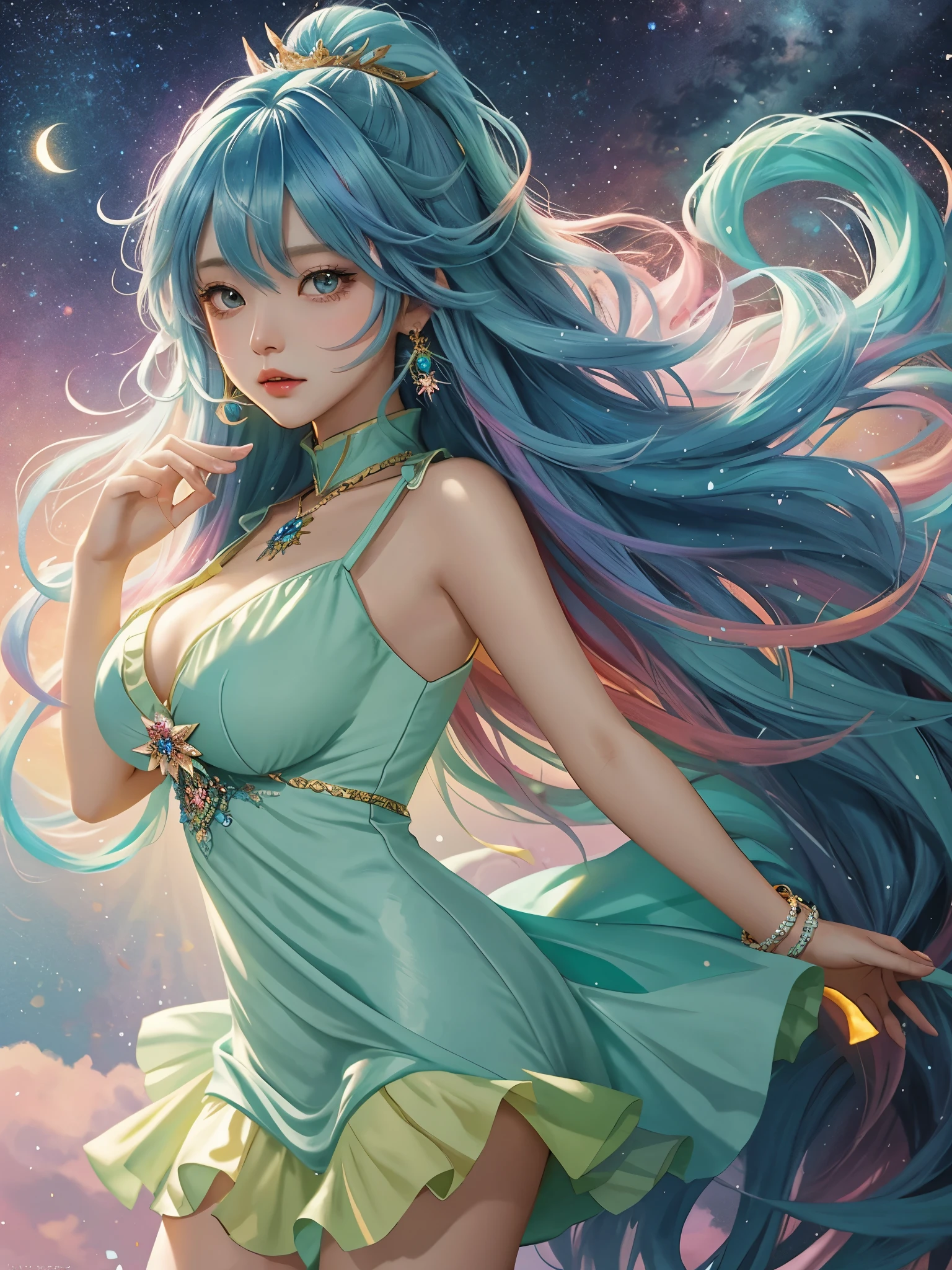 Close-up of a woman with colorful hair and necklace, anime girl with cosmic hair, Rossdraws' soft vibrancy, Gouviz-style artwork, fantasy art style, colorful]", vibrant fantasy style, Rossdraws cartoon full of vitality, cosmic and colorful, Guweiz, colorful digital fantasy art, stunning art style, beautiful anime style, white skin, Captain America clothes