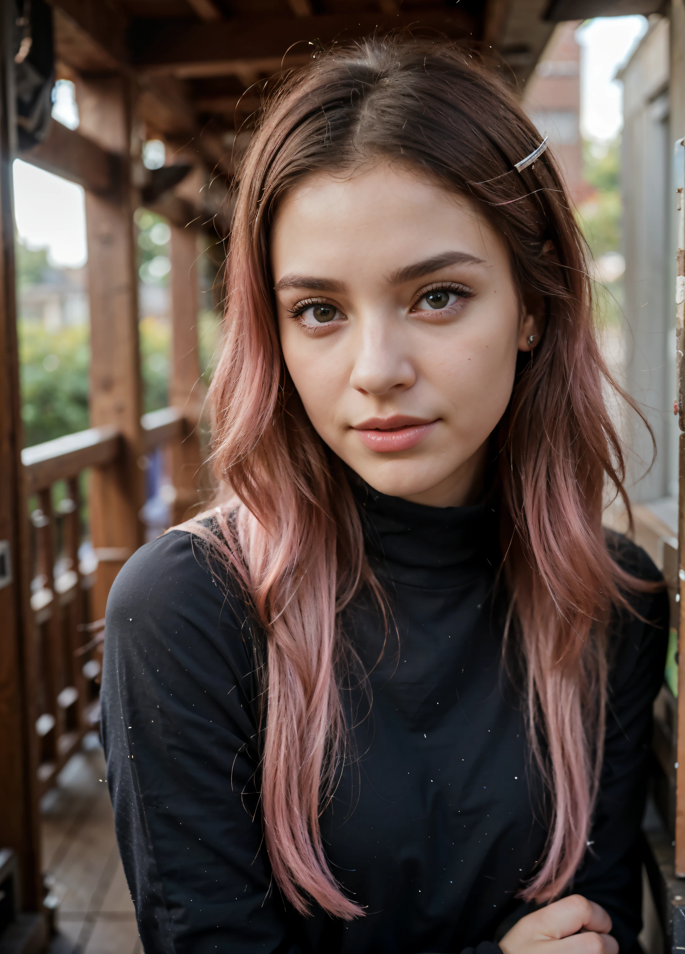 Describe a beautiful girl wearing a beautiful black dress, pink hair, her angelic face, her full lips and big bright eyes, very realistic. Describe her posture, facial expression, hair, and any accessories she may be wearing. Give details about the surrounding scene, such as the lighting, the environment, and the people around. Remember to use descriptive, vivid language to create a clear, realistic image of the girl in your mind, she is workout in gym