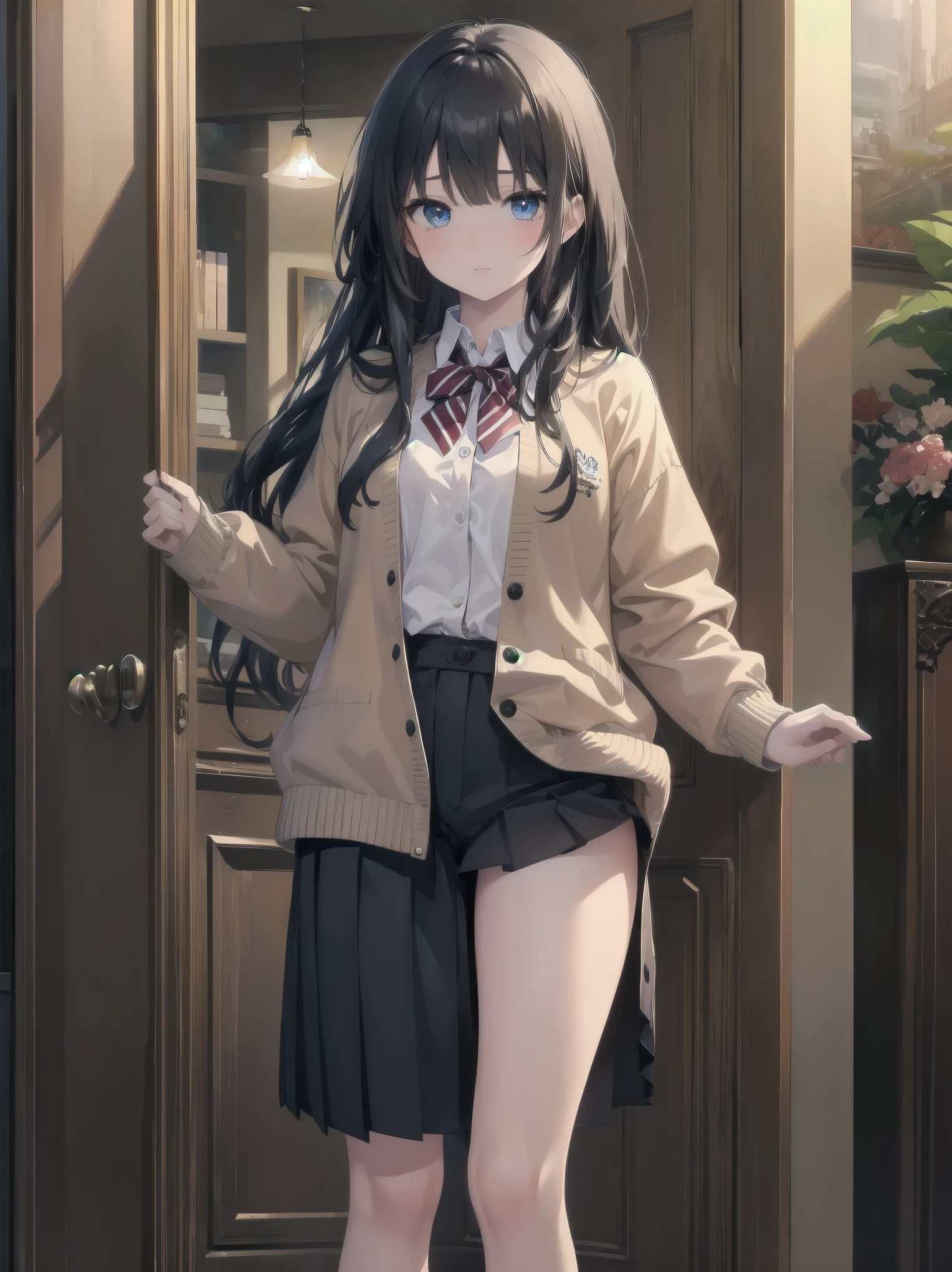 (highest quality、16K、masterpiece、ultra high resolution、Impressionism、Photoreal:1.2)、Long black hair, blue eyes, uniform weater showing glimpses of thighs Undressing uniform Tsundere Book