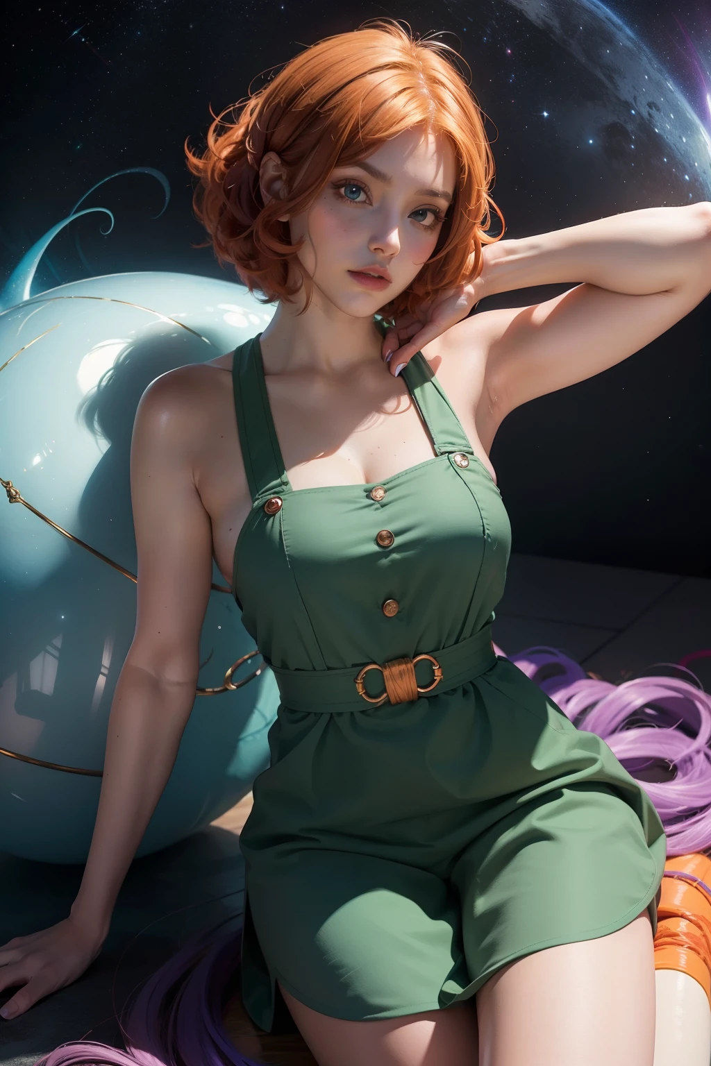 concept art, overhead angle of a Will-o'-the-wisp, wearing Funny Somali Emerald deep orange Pinafore, Caramel hair styled as Short hair, fluorescent purple Hair tie, equirectangular 360, Highres,  [(art by Willi Baumeister:1.1), (art by John T. Biggers:1.2)::17], official art, unity 8k wallpaper, ultra detailed, aesthetic, masterpiece, best quality, photorealistic