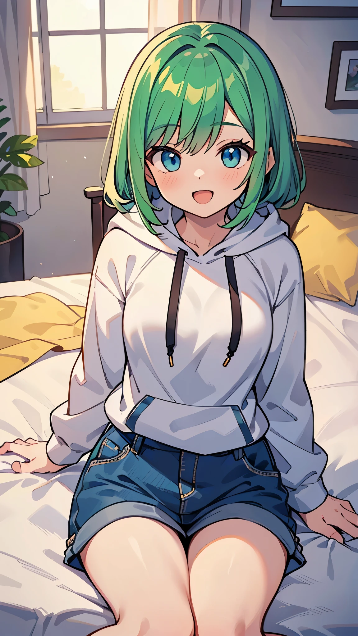 ((A Pretty girl with green hair and blue eyes lying on the bed)), ((wearing white hoodie)), Baby face, ((master piece, top-quality, ultra-definition, high resolution)), anime girl, ((ultra-detailed illust:1.2)), only one person, bangs, hair between eye, beautiful hair, Beautiful eyes, Medium breasts, thighs, Big smile, opened mouth, in the bedroom, morning