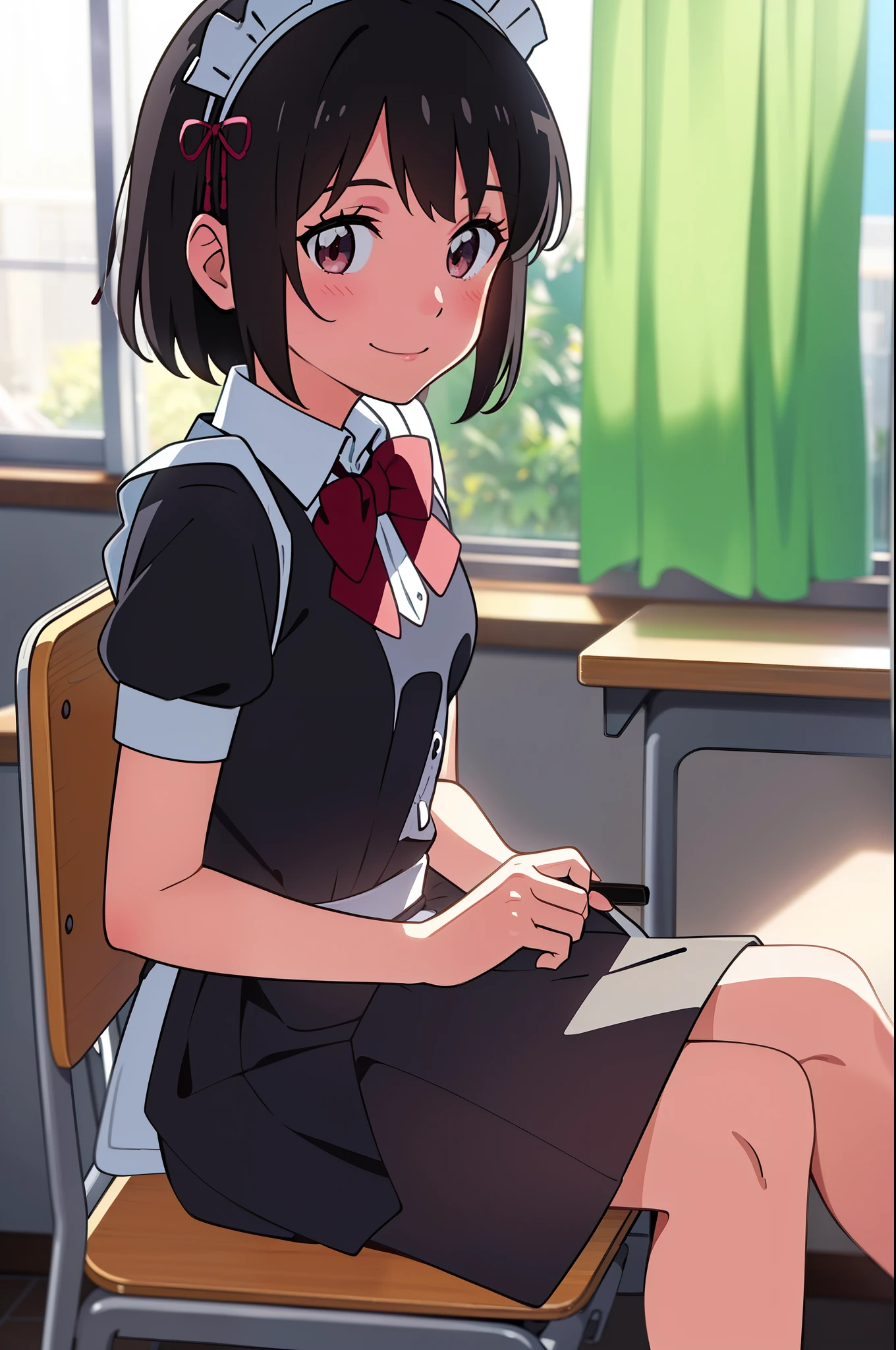 [anime styled]],[[digitalart]],1girl,solo,(portrait),Tomomi_saikyou,black hair,Short hair,bob cut,hair ribbon,midium build,1girl in,short torso,anime screen cap,cel shading,smile, blush,(strong light),((brighten the subject)),classroom,(chair),(sitting),shirt,short sleeves,summer uniform,red skirt,((upskirt)),((skirt lift)),(tucking up the skirt),(light green panties)