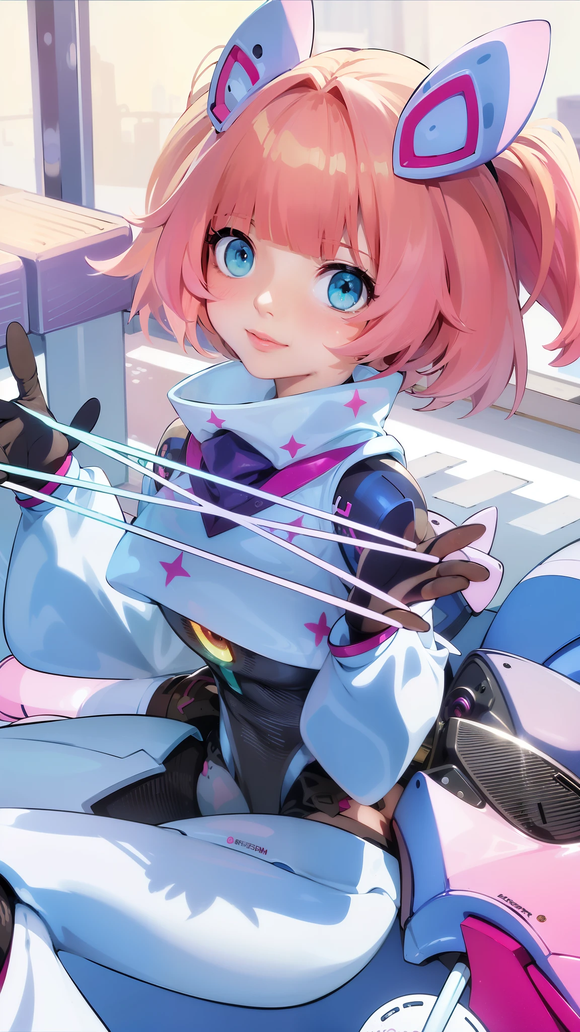 (8k, RAW photo, photorealistic:1.25) ,( lipgloss, eyelashes, gloss-face, glossy skin, best quality, ultra highres, depth of field, chromatic aberration, caustics, Broad lighting, natural shading, anime girl with pink hair and blue eyes sitting on a motorcycle, best anime 4k konachan wallpaper, female protagonist 👀 :8, detailed key anime art, macross delta splash art, pink twintail hair and cyan eyes, with index finger, anime style 4 k, nanogirlv 2, shining pink armor, female protagonist, anime cover.
