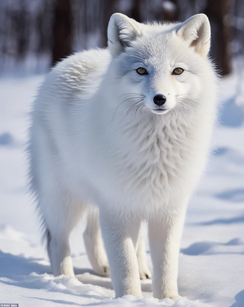 best quality,ultra-detailed,realistic,masterpiece:1.2,arctic fox,beautiful detailed eyes,white fur,long bushy tail,cold winter landscape,snow-covered trees,icy blue tones,warm golden sunlight,soft fluffy fur,stealthy movements,ethereal snowflakes,distinctive black nose,curious expression,northern lights,graceful posture,silently treading on fresh snow,flash of red in its fur