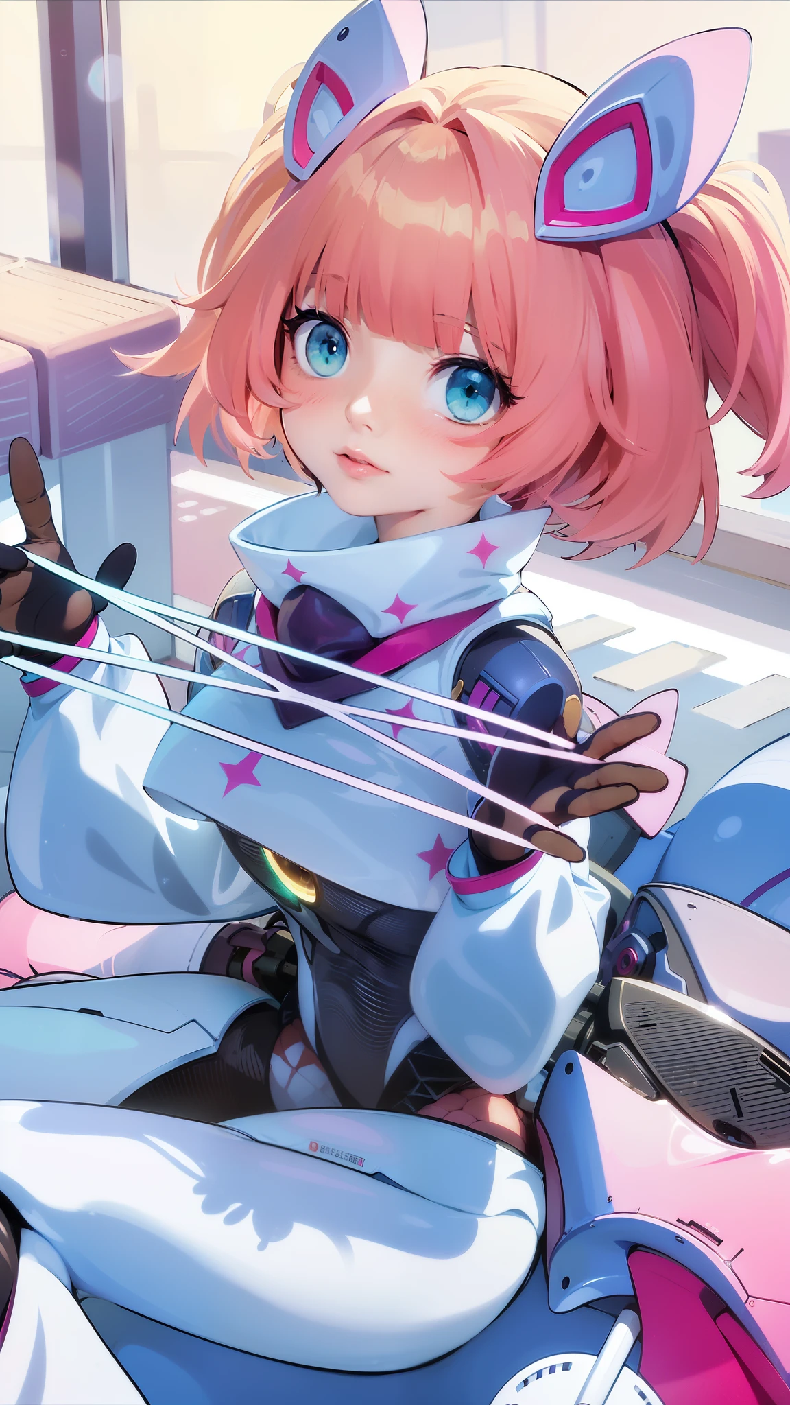 (8k, RAW photo, photorealistic:1.25) ,( lipgloss, eyelashes, gloss-face, glossy skin, best quality, ultra highres, depth of field, chromatic aberration, caustics, Broad lighting, natural shading, anime girl with pink hair and blue eyes sitting on a motorcycle, best anime 4k konachan wallpaper, female protagonist 👀 :8, detailed key anime art, macross delta splash art, pink twintail hair and cyan eyes, with index finger, anime style 4 k, nanogirlv 2, shining pink armor, female protagonist, anime cover.