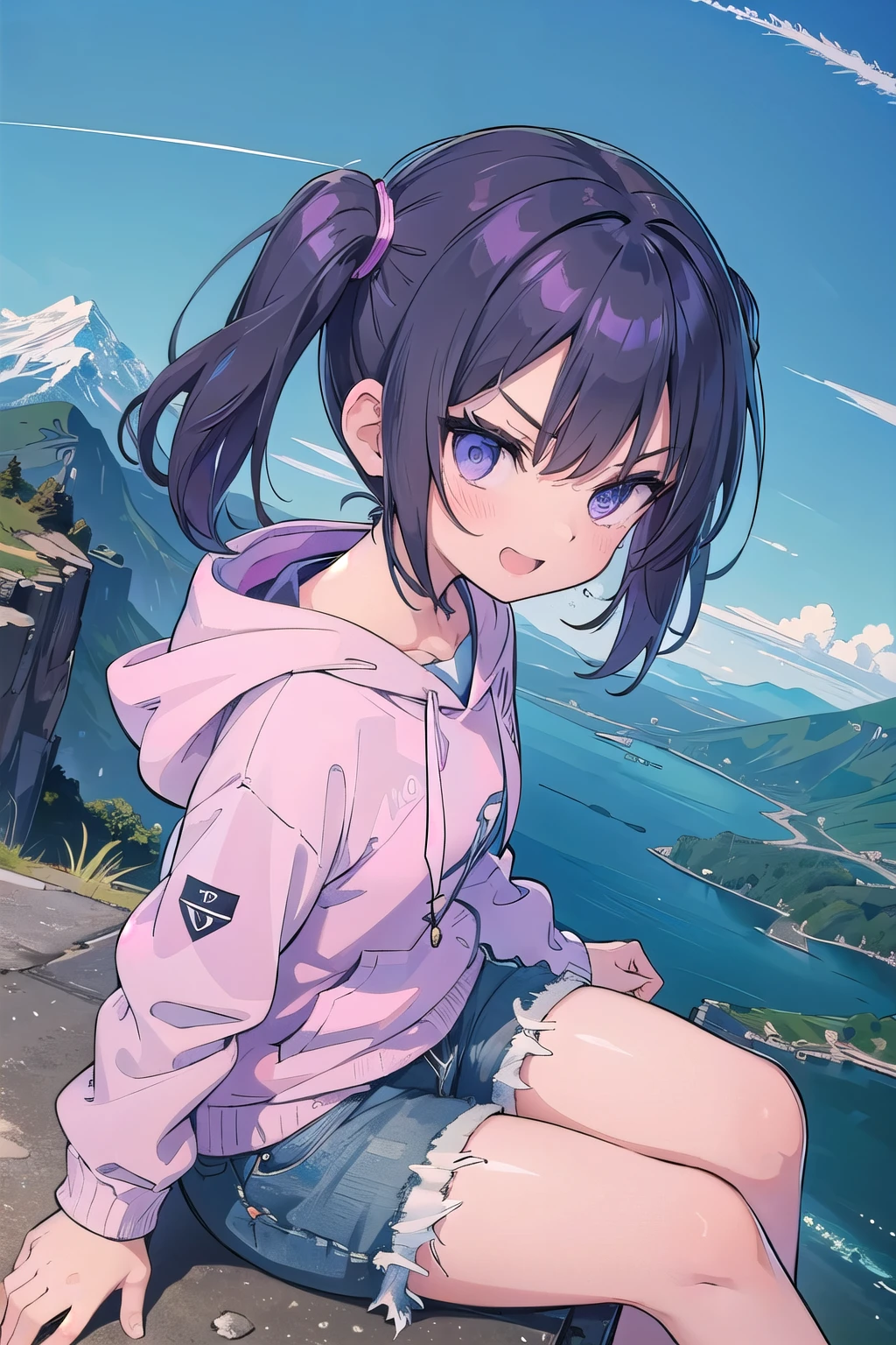 (masterpiece:1.2), (highest quality:1.2), Upper body, perfect eyes, perfect face, perfect lighting, mountainous horizon, 1 boy, gray eyes, purple hair, twintails, short hair, cute eyes, medium breast, ((((glaring)))) , (((From above))), From the side,open mouth, vivid description,orgasm, I was scared, Ahegao, ((smile+Happy)), tooth, From the side, She is wearing pink shorts with jeans textured lace, wears hoodie in yellow modern style fashion, sitting,