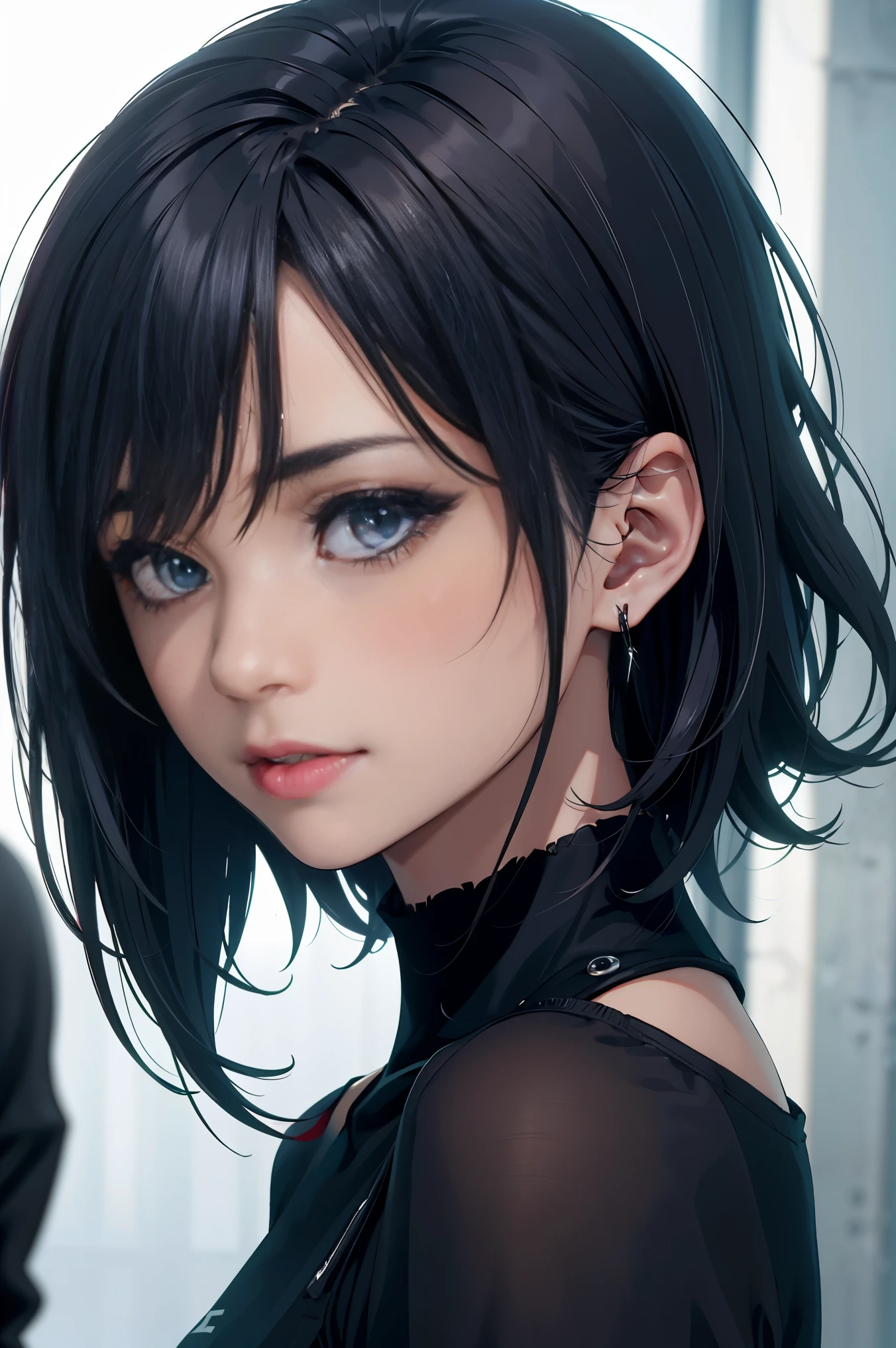 a 20 yo woman、Black blue hair、Bery short hair、(hi-top fade:1.3)、dark themed、Muted Tones、Subdued Color、highly contrast、(natural skin textures、Hyper-Realism、Soft light、sharp)
