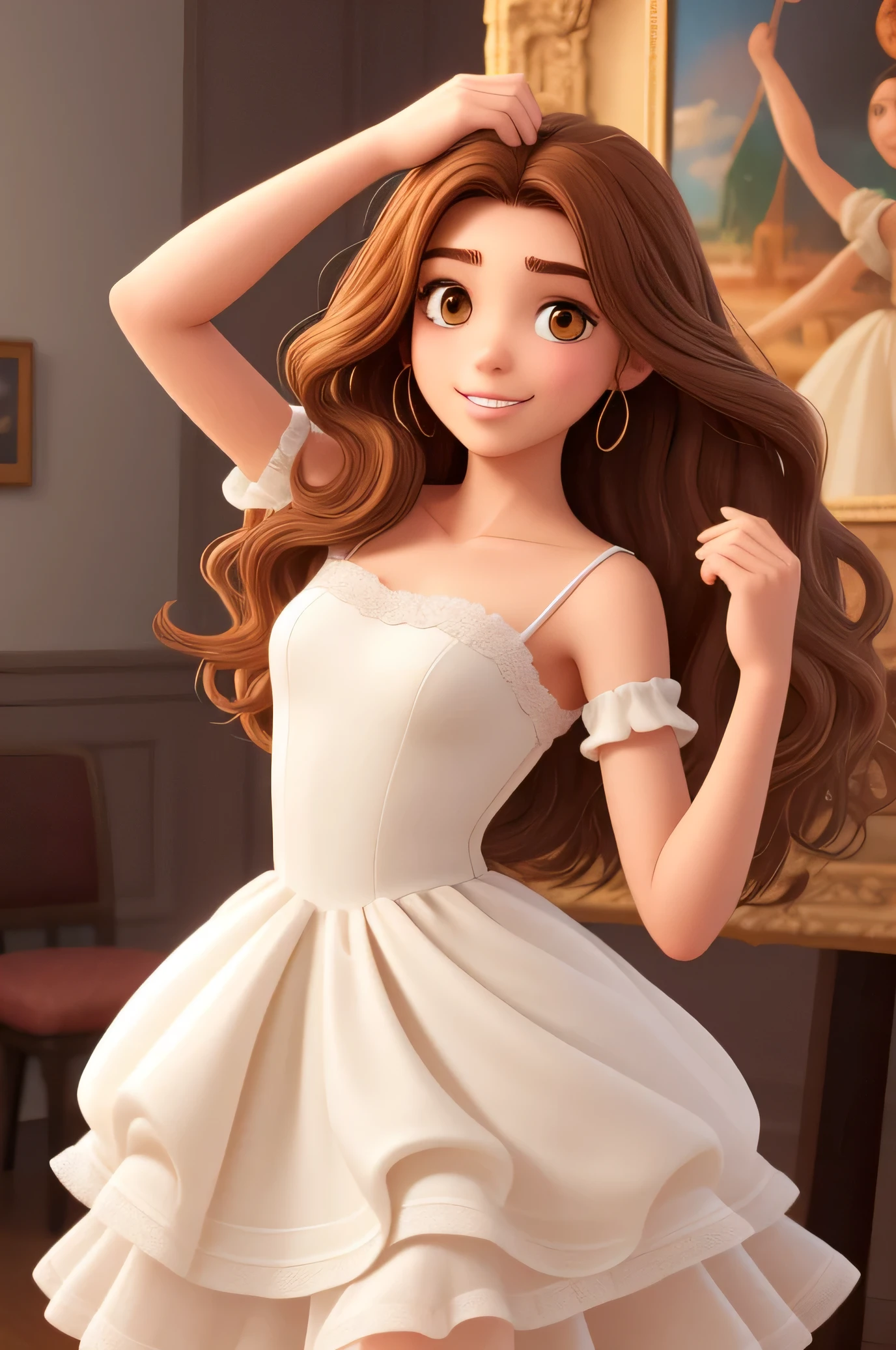 an 18 year old female, long brown hair, round face, charming smile, white dress，portrait,(masterpiece, best quality, high resolution),whole body，open hands，Jump