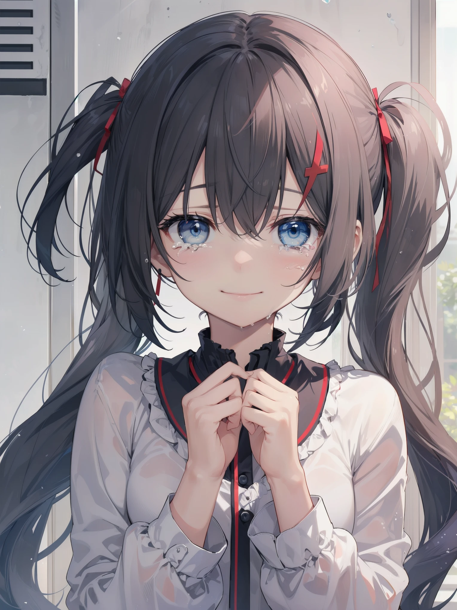 (short low twintails)、blue eyes、(smile crying)
