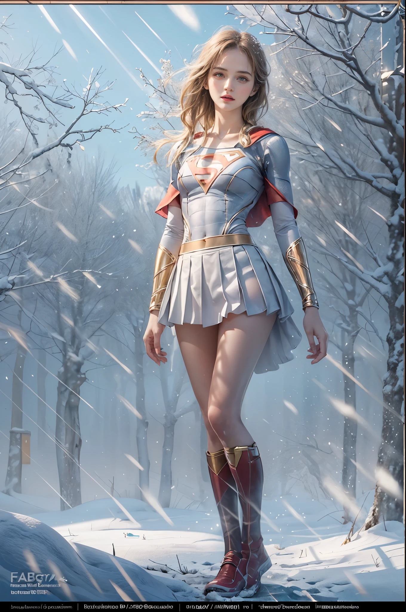 masterpiece, best quality, high quality, High definition, High quality texture, High quality shadow, high detail, beautiful detailed, finely detailed, extremely detailed cg, detailed texture, a realistic representation of the face, realistic, colorful, delicate, sharp focus, (intricate details, makeup, PureErosFace_V1:0.5), (detailed beautiful delicate face, detailed beautiful delicate eyes, a face of perfect proportion, high detailed skin, detailed skin, best ratio four finger and one thumb, skiny and thin:1.3), 1girl, years oltall, (smooth_abs:1.55), (no_abs:0.5), (((showing abdomen))), (((tummy))), pretty, masterpiece, highres, (long_skinny_legs), (straight_legs), (skinny_waist), (((fair skin))), white skin, (((pale skin))), (Emma_watson), big_breast, (((Caucasian))), (((European))), Light blonde hair, orange Bandeau, orange short pleated skirt, standing legs apart, looking at viewer, full body, portrait of cute blonde girl, (((supergirl))), (outside,Heavy snowfall, Cover with snow), (frontal light), (((studio light))) ((crop top)), showing abdomen, showing abs, snowfield, bloom, white fog, motion, wispy hair, realism, high-quality rendering, stunning art, high quality, film grain, Fujifilm XT3, dreamy, (((skinny thigh, thin thigh, narrow thigh)))