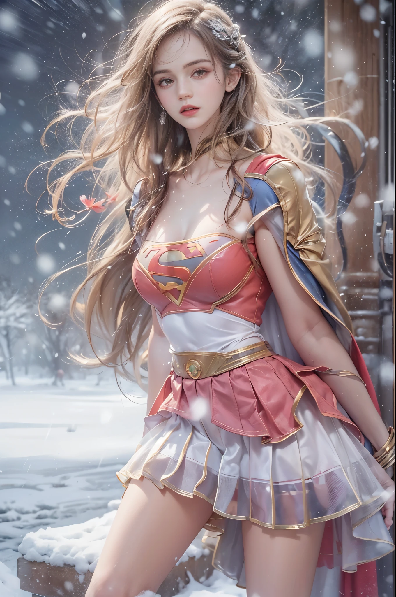 masterpiece, best quality, high quality, High definition, High quality texture, High quality shadow, high detail, beautiful detailed, finely detailed, extremely detailed cg, detailed texture, a realistic representation of the face, realistic, colorful, delicate, sharp focus, (intricate details, makeup, PureErosFace_V1:0.5), (detailed beautiful delicate face, detailed beautiful delicate eyes, a face of perfect proportion, high detailed skin, detailed skin, best ratio four finger and one thumb, skiny and thin:1.3), 1girl, years oltall, (smooth_abs:1.55), (no_abs:0.5), (((showing abdomen))), (((tummy))), pretty, masterpiece, highres, (long_skinny_legs), (straight_legs), (skinny_waist), (((fair skin))), white skin, (((pale skin))), (Emma_watson), big_breast, (((Caucasian))), (((European))), Light blonde hair, orange Bandeau, orange short pleated skirt, standing legs apart, looking at viewer, full body, portrait of cute blonde girl, (((supergirl))), (outside,Heavy snowfall, Cover with snow), (frontal light), (((studio light))) ((crop top)), showing abdomen, showing abs, snowfield, bloom, white fog, motion, wispy hair, realism, high-quality rendering, stunning art, high quality, film grain, Fujifilm XT3, dreamy, (((skinny thigh, thin thigh, narrow thigh)))
