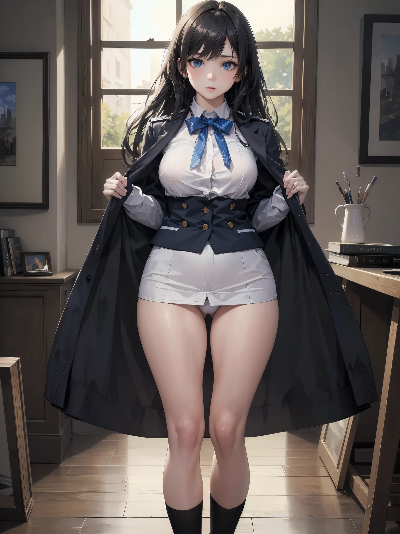 (highest quality、16K、masterpiece、ultra high resolution、Impressionism、Photoreal:1.2)、Long black hair, blue eyes, uniform　weater showing glimpses of thighs Undressing uniform Tsundere Book
