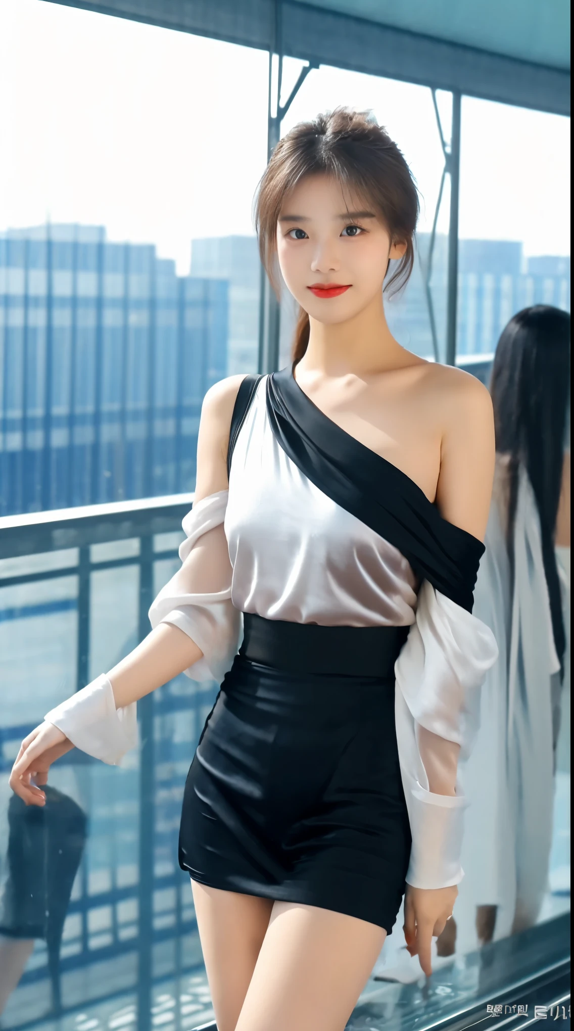 (1 Korean celebrities with royal sister style), ((best quality, 8k, masterpiece: 1.3)), focus: 1.2, perfect body proportions: 1.4, (Smile), (Ray tracing),big watery eyes, Highly detailed facial and skin textures, beautiful eyes, double eyelids, whiten skin, (long white hair, air bangs: 1.3), (round face: 1.5), (ta whore: 1.4), (Standing on the glass walkway: 1.6),(one shoulder top,black silk skirt: 1.4),(film grain style:1.3),a sense of atmosphere