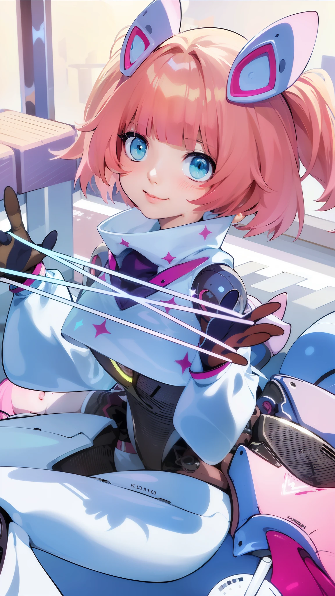 (8k, RAW photo, photorealistic:1.25) ,( lipgloss, eyelashes, gloss-face, glossy skin, best quality, ultra highres, depth of field, chromatic aberration, caustics, Broad lighting, natural shading, anime girl with pink hair and blue eyes sitting on a motorcycle, best anime 4k konachan wallpaper, female protagonist 👀 :8, detailed key anime art, macross delta splash art, pink twintail hair and cyan eyes, with index finger, anime style 4 k, nanogirlv 2, shining pink armor, female protagonist, anime cover.