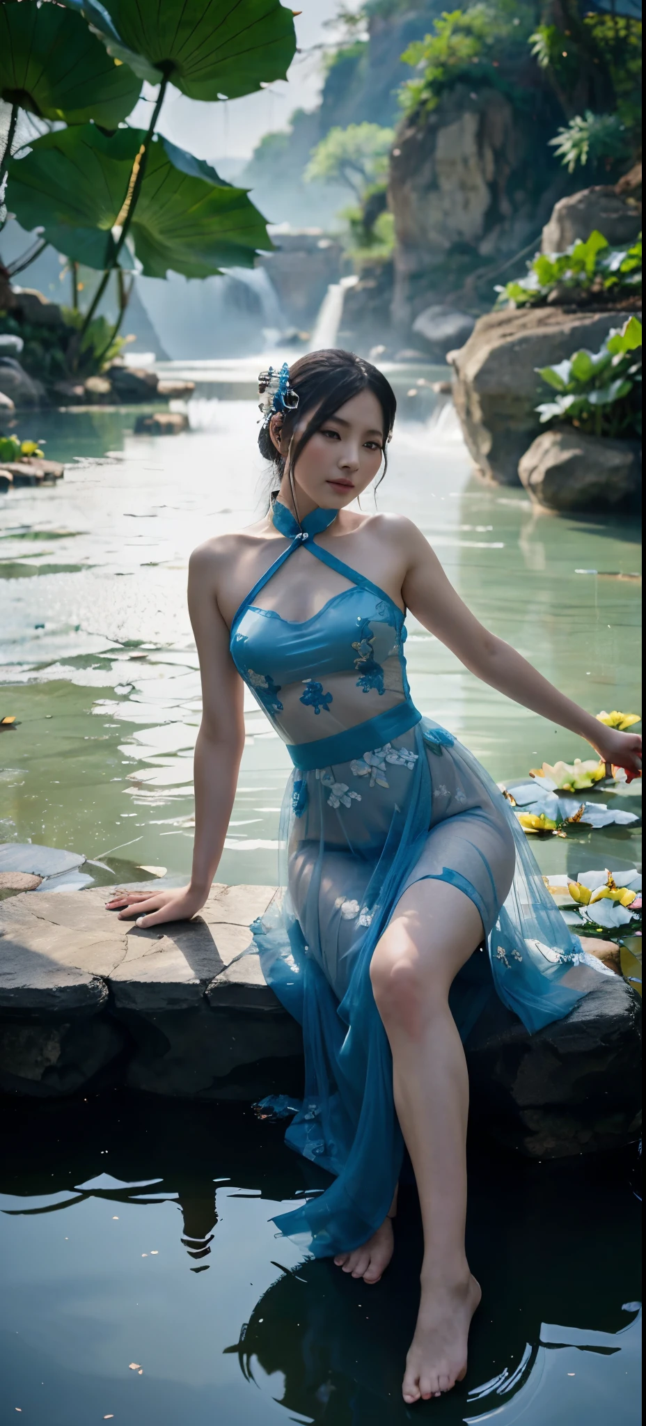Ancient Chinese beauty sitting on stone, wearing ancient Chinese costume, flowing blue tulle, light silk, lazy pose, large lotus leaves, lotus flowers, ink painting style, clean colors, decisive cutting, white space, freehand, masterpiece, super detailed, epic composition, high quality, highest quality, 4k --v 6