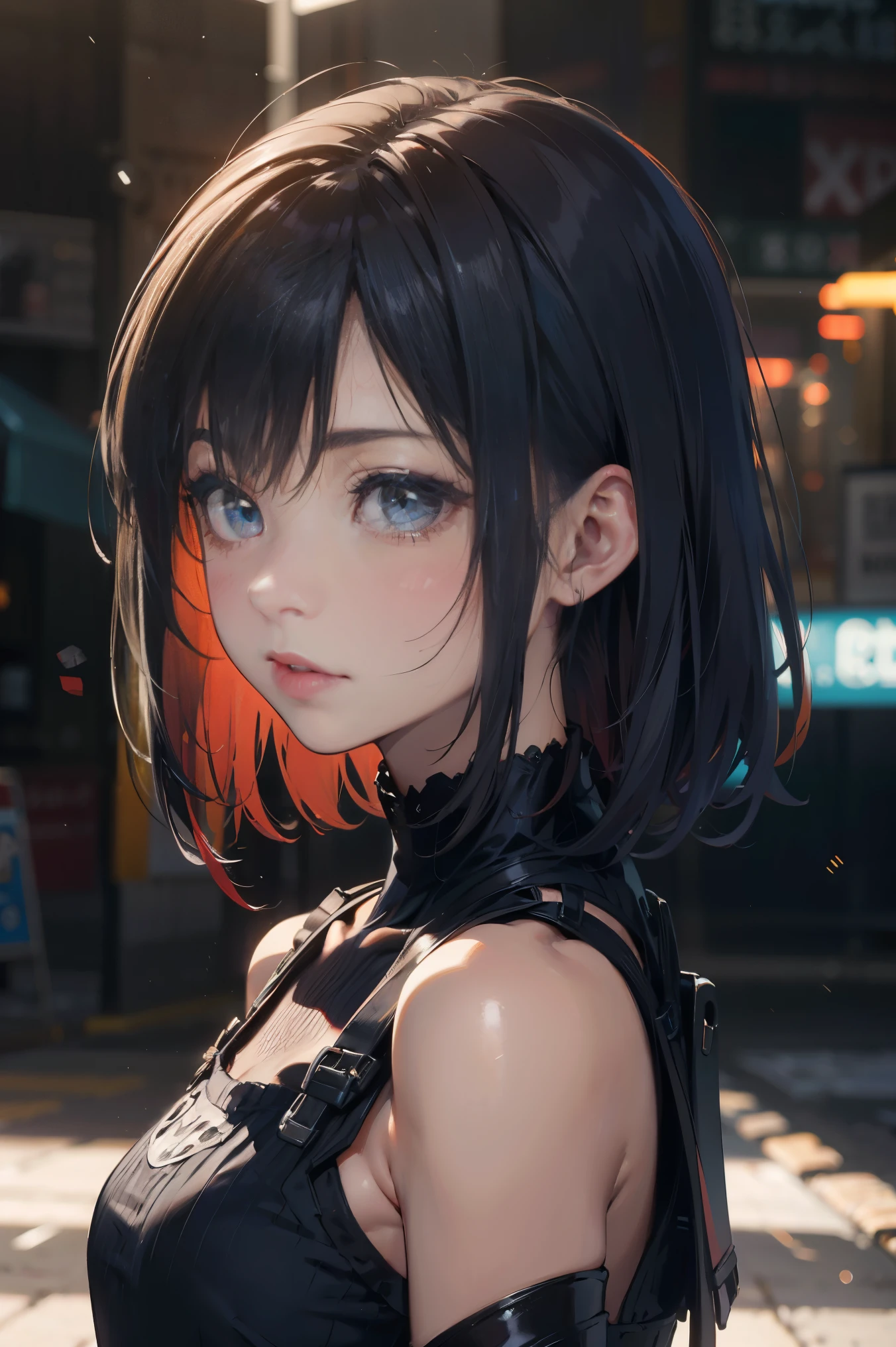 a 20 yo woman、Black blue hair、Bery short hair、(hi-top fade:1.3)、dark themed、Muted Tones、Subdued Color、highly contrast、(natural skin textures、Hyper-Realism、Soft light、sharp)