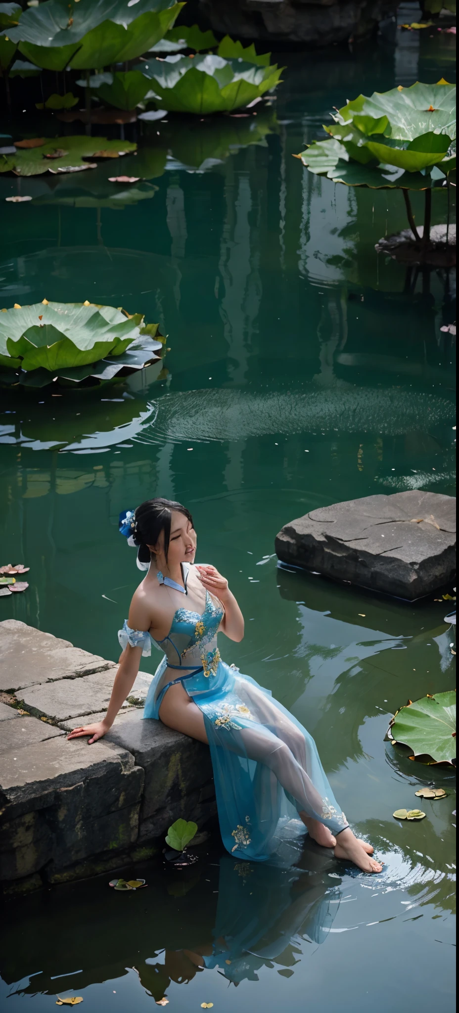 Ancient Chinese beauty sitting on stone, wearing ancient Chinese costume, flowing blue tulle, light silk, lazy pose, large lotus leaves, lotus flowers, ink painting style, clean colors, decisive cutting, white space, freehand, masterpiece, super detailed, epic composition, high quality, highest quality, 4k --v 6
