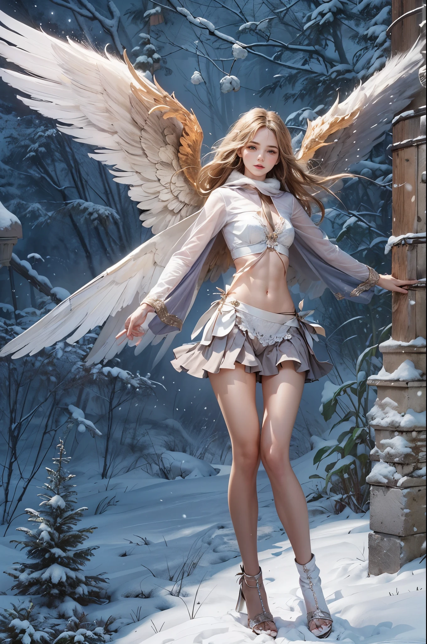 masterpiece, best quality, high quality, High definition, High quality texture, High quality shadow, high detail, beautiful detailed, finely detailed, extremely detailed cg, detailed texture, a realistic representation of the face, realistic, colorful, delicate, sharp focus, (intricate details, makeup, PureErosFace_V1:0.5), (detailed beautiful delicate face, detailed beautiful delicate eyes, a face of perfect proportion, high detailed skin, detailed skin, best ratio four finger and one thumb, skiny and thin:1.3), 1girl, 17 years old, tall, (smooth_abs:1.55), (no_abs:0.5), (((showing abdomen))), (((tummy))), pretty, masterpiece, highres, (long_skinny_legs), (straight_legs), (skinny_waist), (((fair skin))), white skin, (((pale skin))), (Emma_watson), big_breast, (((Caucasian))), (((European))), Light blonde hair, orange Bandeau, orange short pleated skirt, standing legs apart, looking at viewer, full body, portrait of cute blonde girl, (((angel with wings))), (outside,Heavy snowfall, Cover with snow), (frontal light), (((studio light))) ((crop top)), showing abdomen, showing abs, snowfield, bloom, white fog, motion, wispy hair, realism, high-quality rendering, stunning art, high quality, film grain, Fujifilm XT3, dreamy, (((skinny thigh, thin thigh, narrow thigh)))