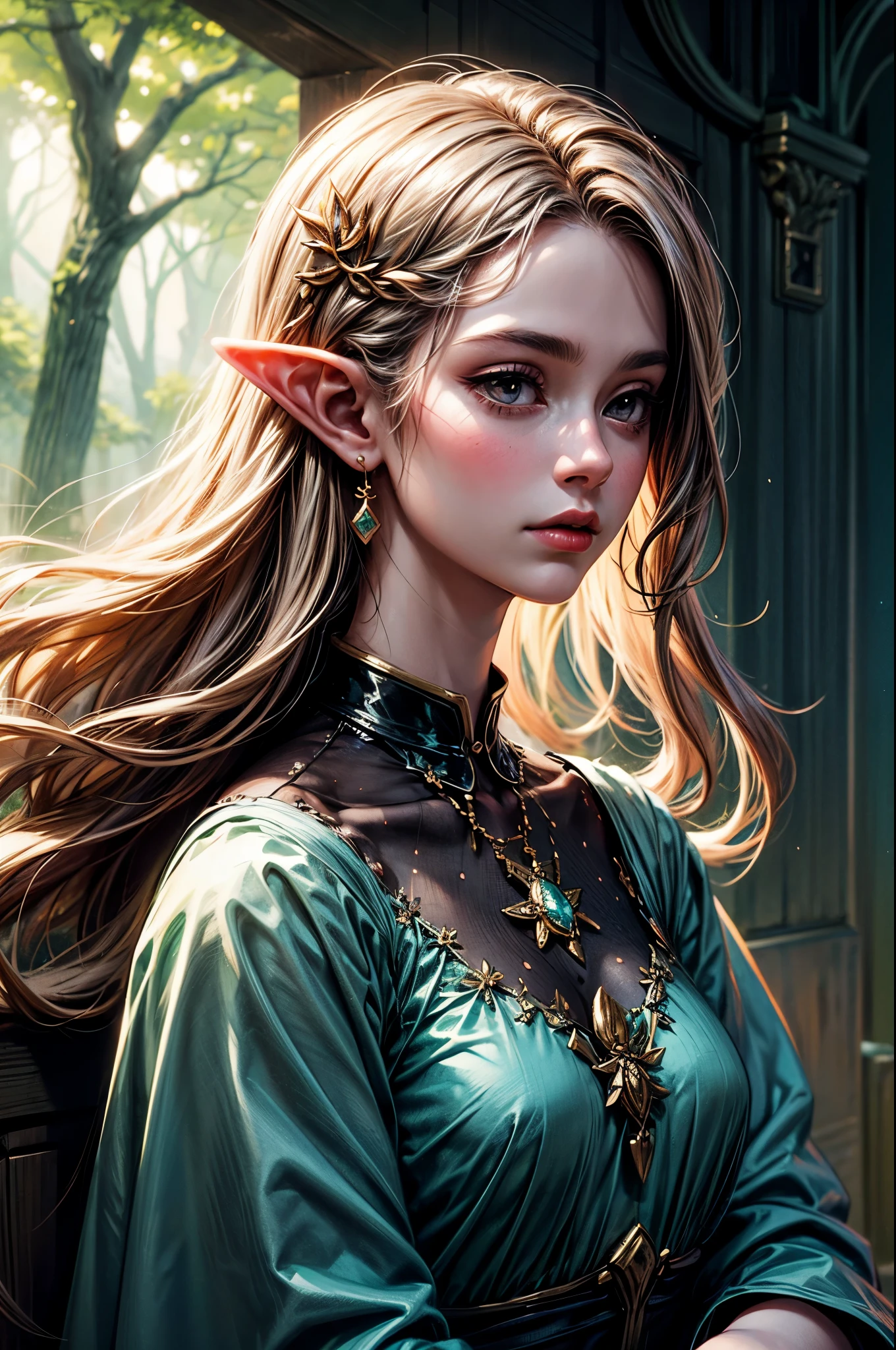 (detailed face, detailed eyes, clear skin, clear eyes), lotr, fantasy, elf, female, full body, looking at viewer, portrait, photography, detailed skin, realistic, highly detailed, full length frame, High detail RAW color art, , plants, forest, shallow depth of field, sharp focus, mystical, cinematic lighting, elf ear, solo, 1girl, 
