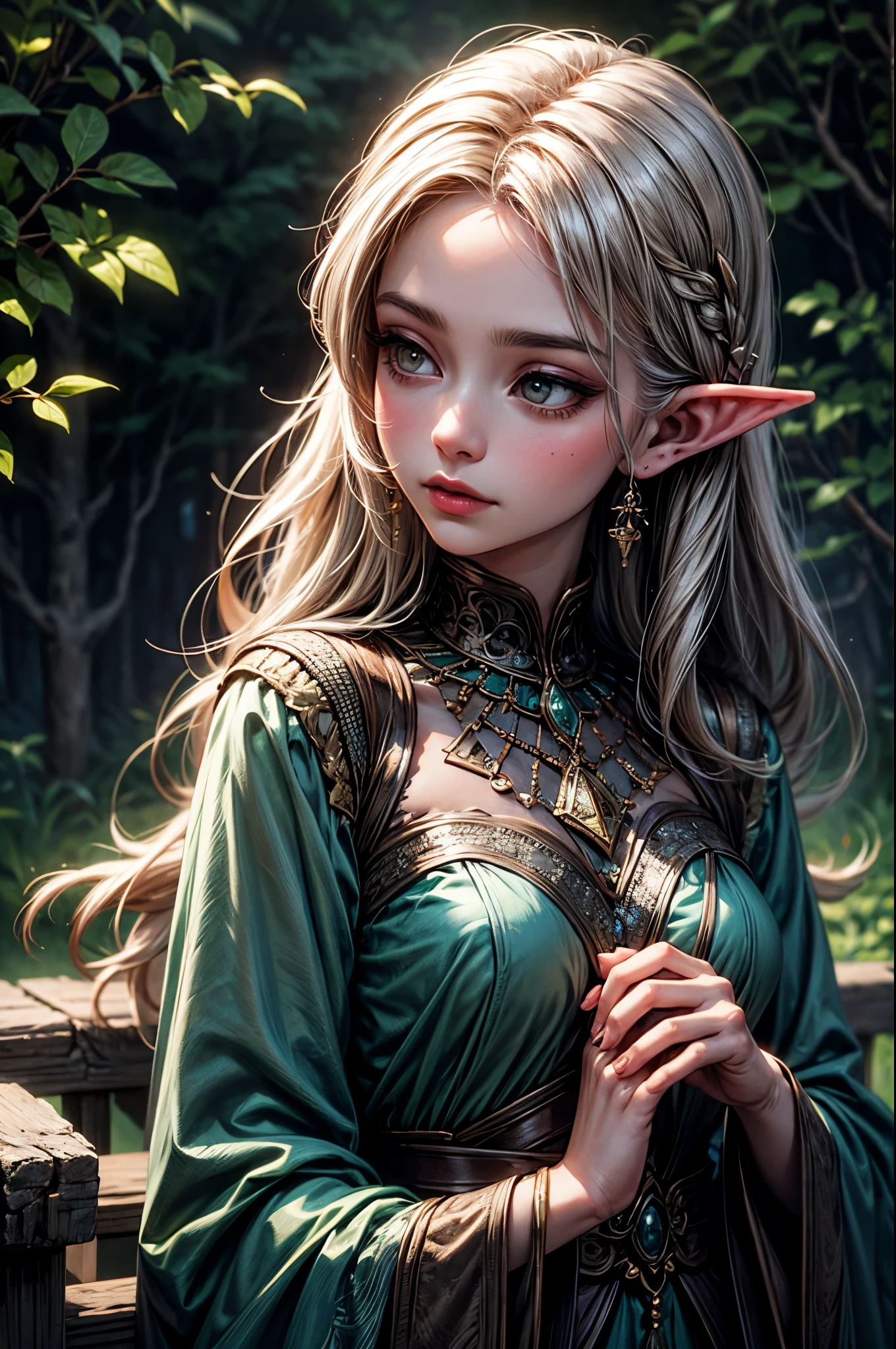 (detailed face, detailed eyes, clear skin, clear eyes), lotr, fantasy, elf, female, full body, looking at viewer, portrait, photography, detailed skin, realistic, highly detailed, full length frame, High detail RAW color art, , plants, forest, shallow depth of field, sharp focus, mystical, cinematic lighting, elf ear, solo, 1girl, 