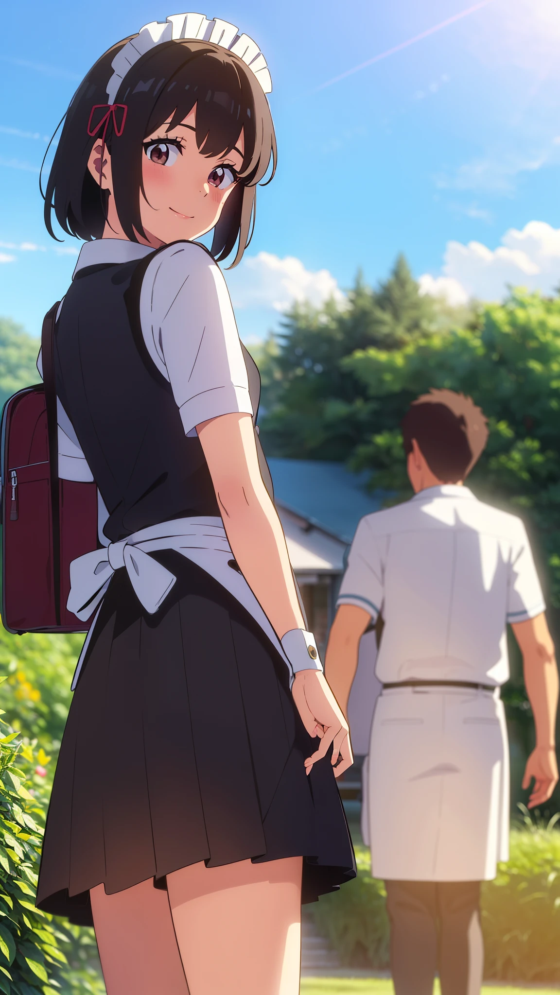 shinkai makoto, kimi no na wa., 1girl, bangs, black hair, short hair, blush, brown eyes, looking at the viewer, ((girl wear maid dress, short sleeves, short dress, short skirt, maid headdress)), school uniform, red bow, red ribbon, smile, cute, school backpack, happy, fun, joyful, school, outdoors, sky, cloud, sunlight