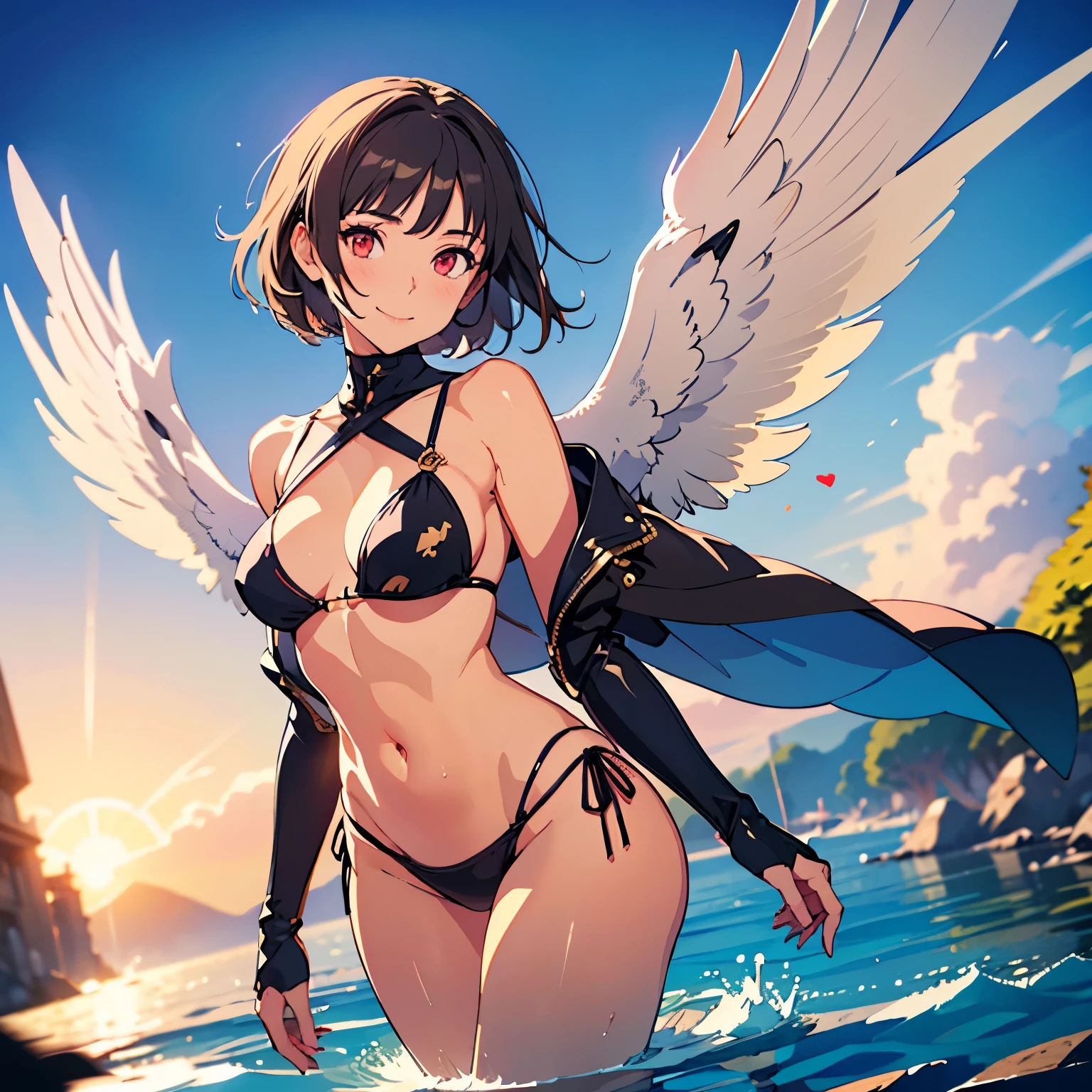 makoto_niijima_as_a_goddess, shiny_golden_clothes, bikini, midriff, beautiful_smile, wings, beautiful, sexy, high resolution, 8k