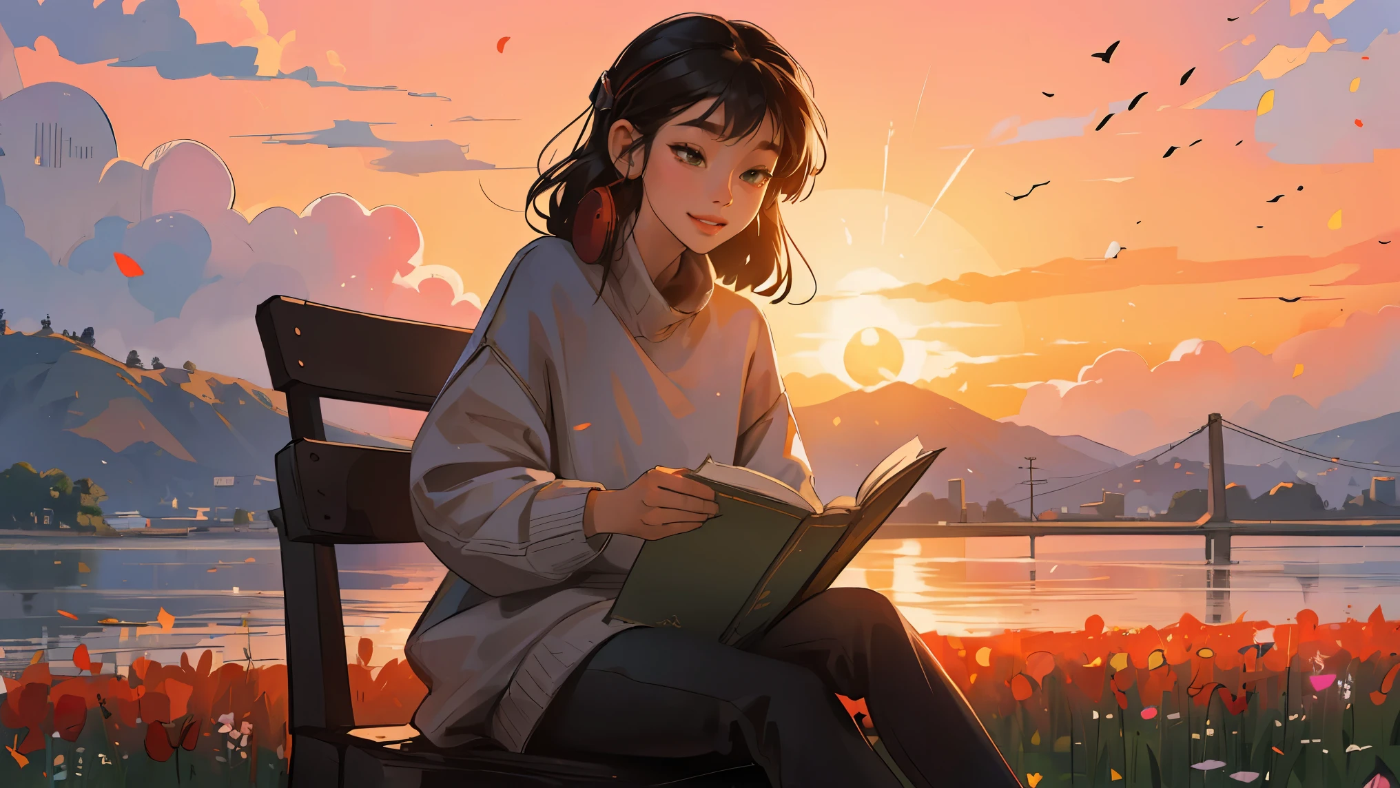 ((Masterpiece)),(((Best quality))),((ultra detailed)) realistically, 1 girl, Beautiful, sit on the chair, Wearing a sweater, Beautiful sunrice, One, Using Headphones, The sky turns red in the morning, Face smile, Looking, flowers, read a book, open.