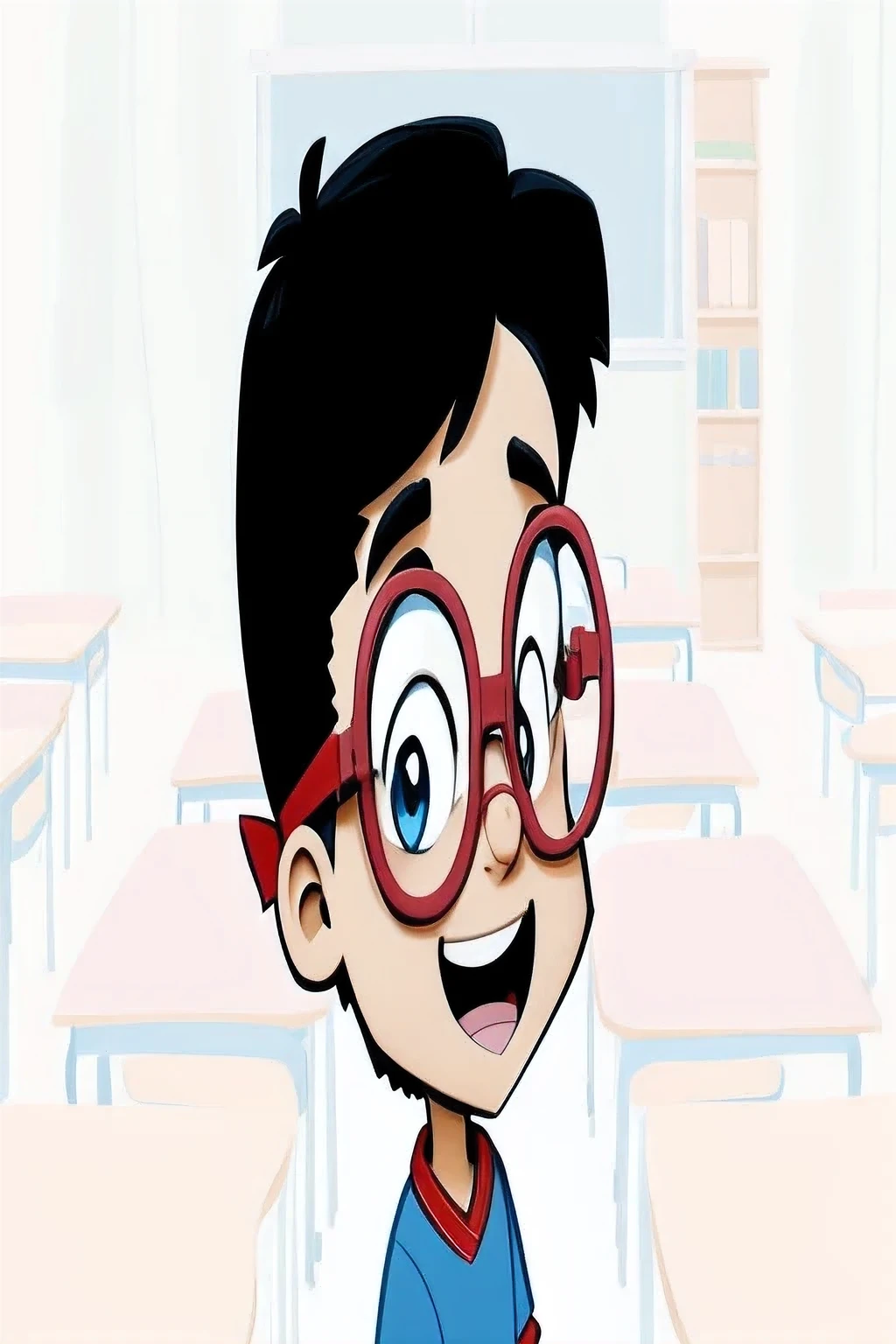drawing of a boy with glasses and a blue shirt in a classroom, em estilo cartoon, avatar para site, cartoon style illustration, emoji nerd, cartoon illustration, estilo simples de desenho animado, imagem de avatar, desenho animado 2d, Desenho animado 2D, animation character, , retrato de desenho animado, nerd, avatar de jogo 2d da parte superior do corpo, estudante, imagem de desenho animado, Personagem de desenho animado, nerds