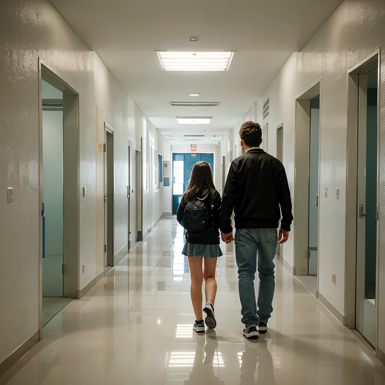 Futuristic school with kids walking down the hallway and girl and a boy around the age 17 walking down the hallway 
