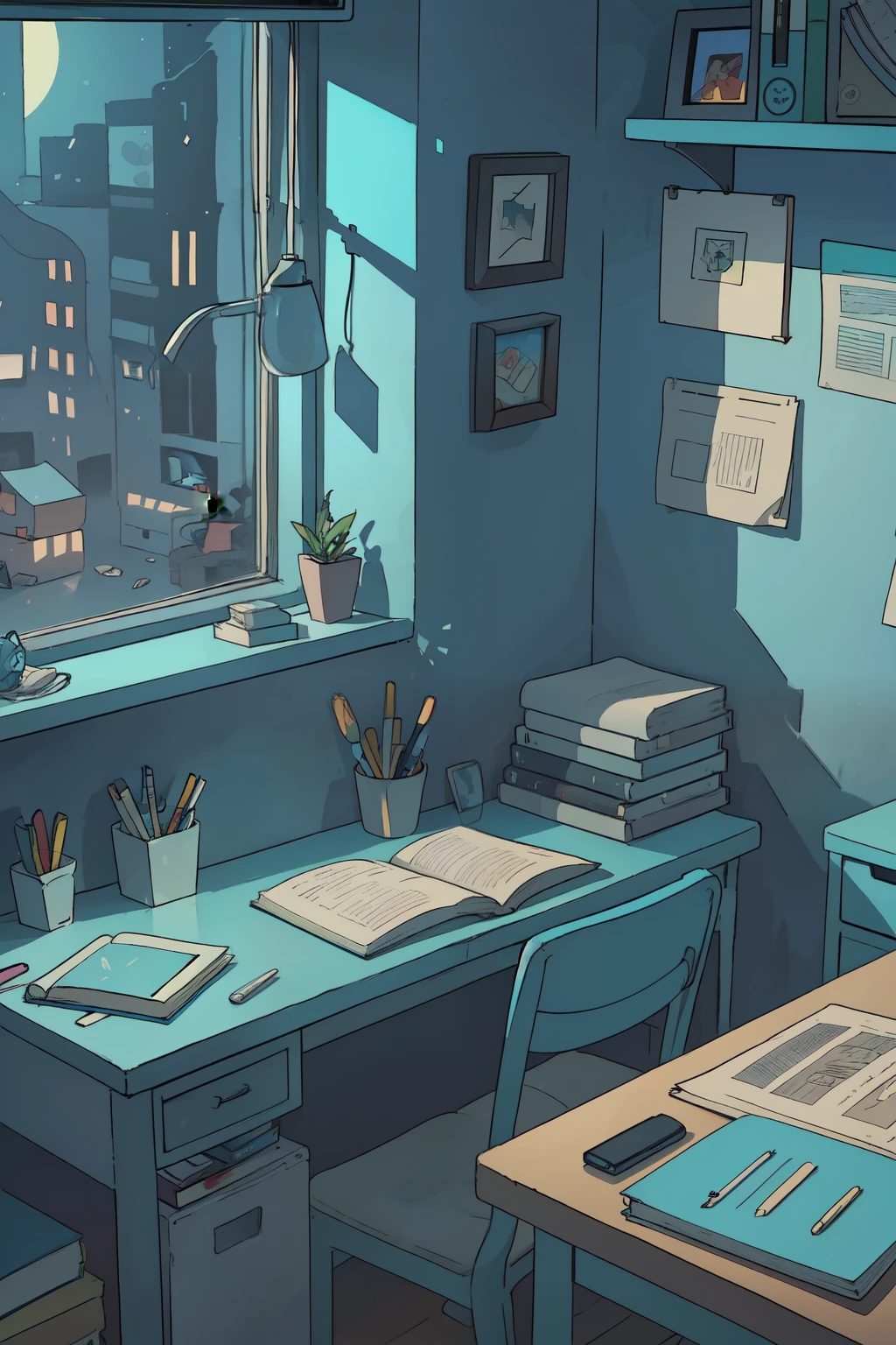 In the cozy, cluttered expanse of a teenager's room, a table laden with open books and scattered notebooks occupies the foreground. A tv set glows in the corner, its screen reflecting soft, warm light onto the messy bed. A computer sits proudly on a desk, its monitor casting cool blue tones against the room's walls. Through the window, moonlight filters in, casting long, intricate shadows that dance upon the books and the chaos of the teen's belongings. The cartoon poster on the wall, framed in a 16:9 aspect ratio, captures the attention with its vibrant colors and detailed, hand-drawn art--imm