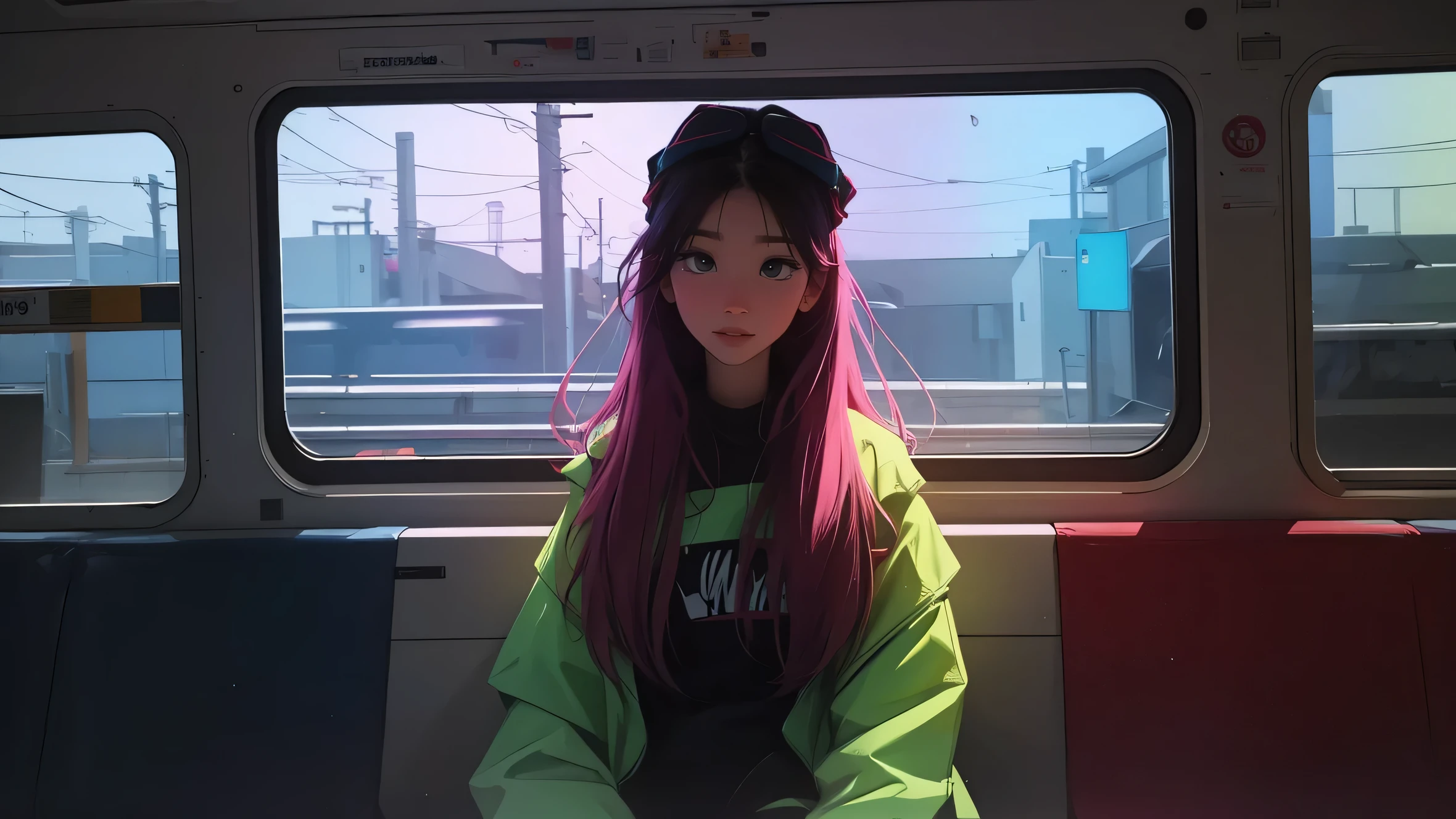 train, Sit by the window, 생각에 잠long 자세를 취하다, Dark interior, My head got stuck in the glass., Scenery passing by at high speed, night trip, rainy night sky, Beautiful girl, vivid colors, soft focus, light leak, dreamy atmosphere, experimental charm, Nostalgic charm BREAK color field painting, various colors, abstract expressionism, Bold colors, emotional impact, atmospheric depth, MINIMALIST APPROACH BREAK, Pretty Woman, UHD (ultra detail) Looking at viewers wearing hip-hop style streetwear, different, fancy, long, darkly dyed hair 🌈, dark clothes, White stardust in dark areas, absurd, high resolution, very detailed, (1 woman : 1.3), vivid colors, soft focus, light leak, dreamy atmosphere,