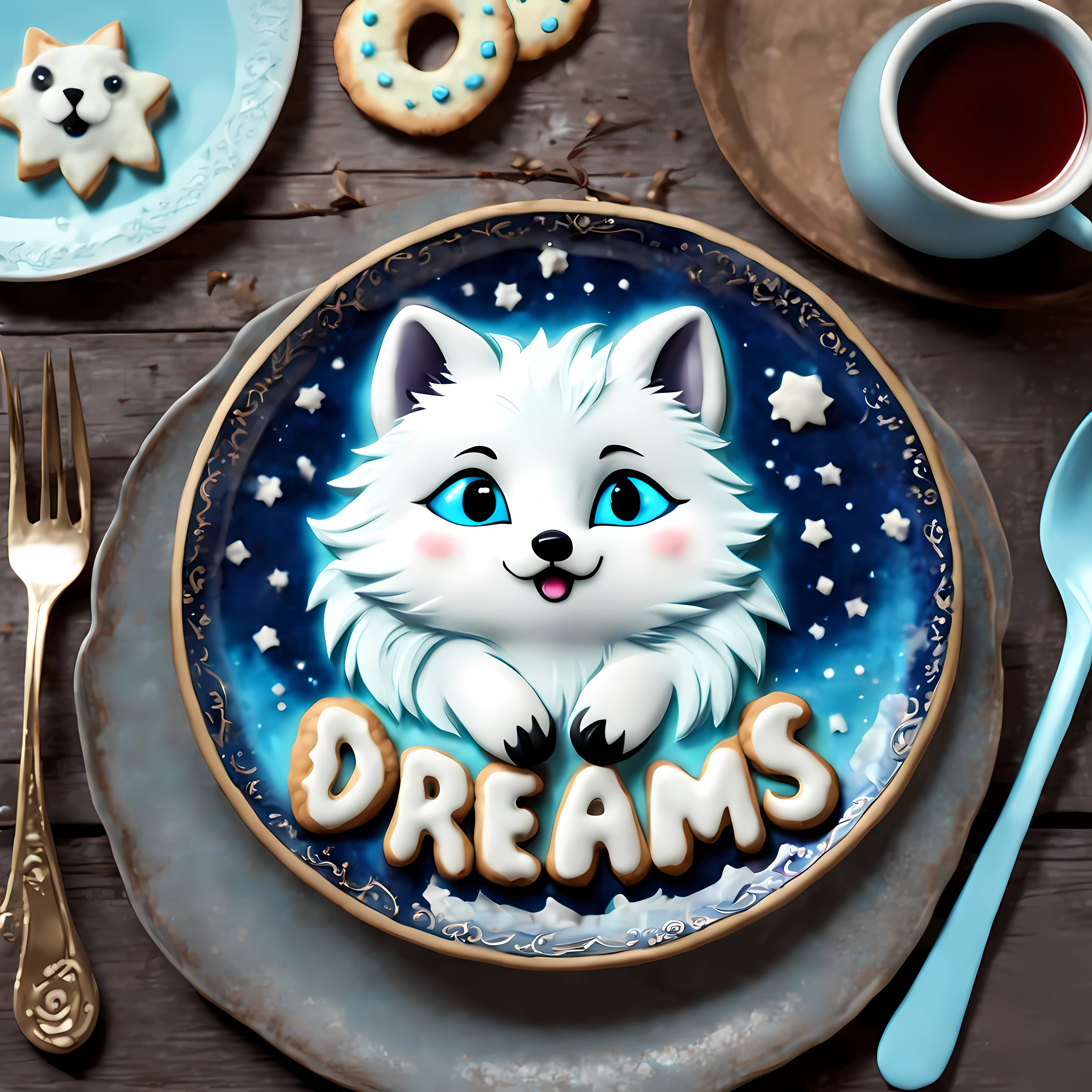 Big gothic words "Sweet Dreams!", cute cartoon style, masterpiece in maximum 16K resolution, close up of a big majestic cookie (shaped as an arctic fox). | (On an elegant rustic plate), a hot teacup. | Vivid blue eyeore_Details))