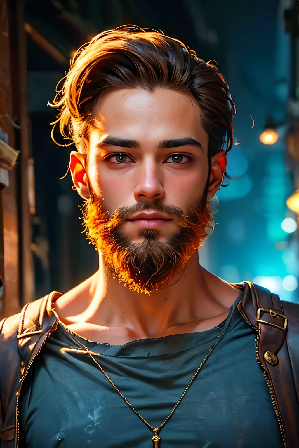 Normal plain dark background with brightness and boy having dark face with light beard.