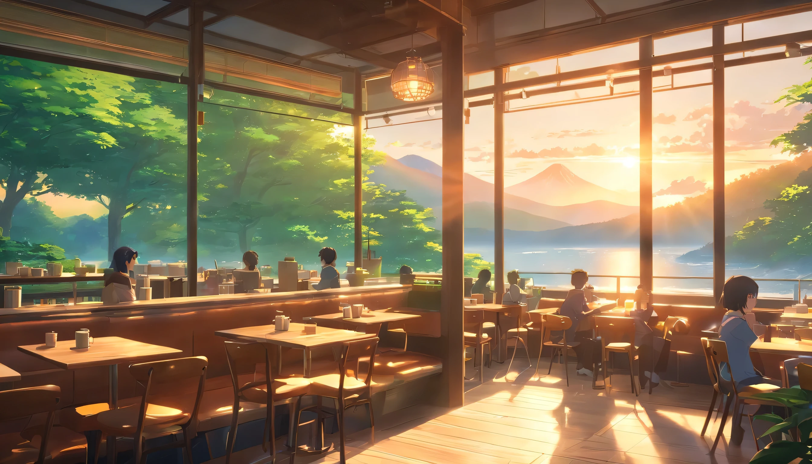 best quality,4k,8k,highres,masterpiece:1.2),ultra-detailed,(realistic,photorealistic,photo-realistic:1.37),vivid colors,bokeh,studio lighting
interior of a cozy coffee shop in Japan, glass window with a view of Mount Fuji in the background, capturing the serene morning sunrise, enveloped by a lush forest. The coffee shop exudes a warm and inviting atmosphere, perfect for relaxation.
