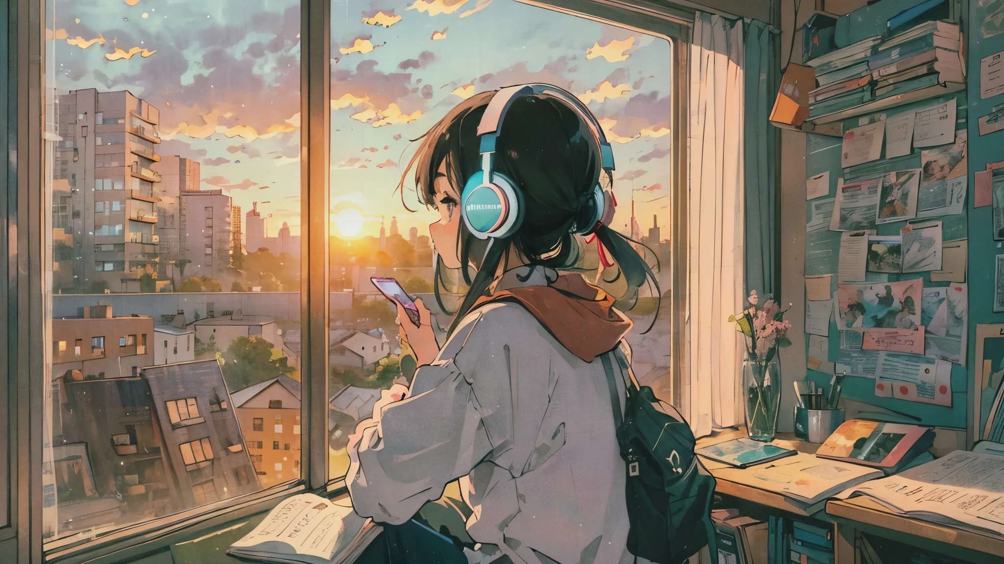 sunset, Q Hayashida, Gorgeous image texture, Convert this image to a 2D style illustration, manga, anime, The background is a retro town, white wallpaper, L0-Fi Hip Hop, girl studying in the room, Wearing headphones, illustration, Lo-fi CD jacket, (look away:1.3)
