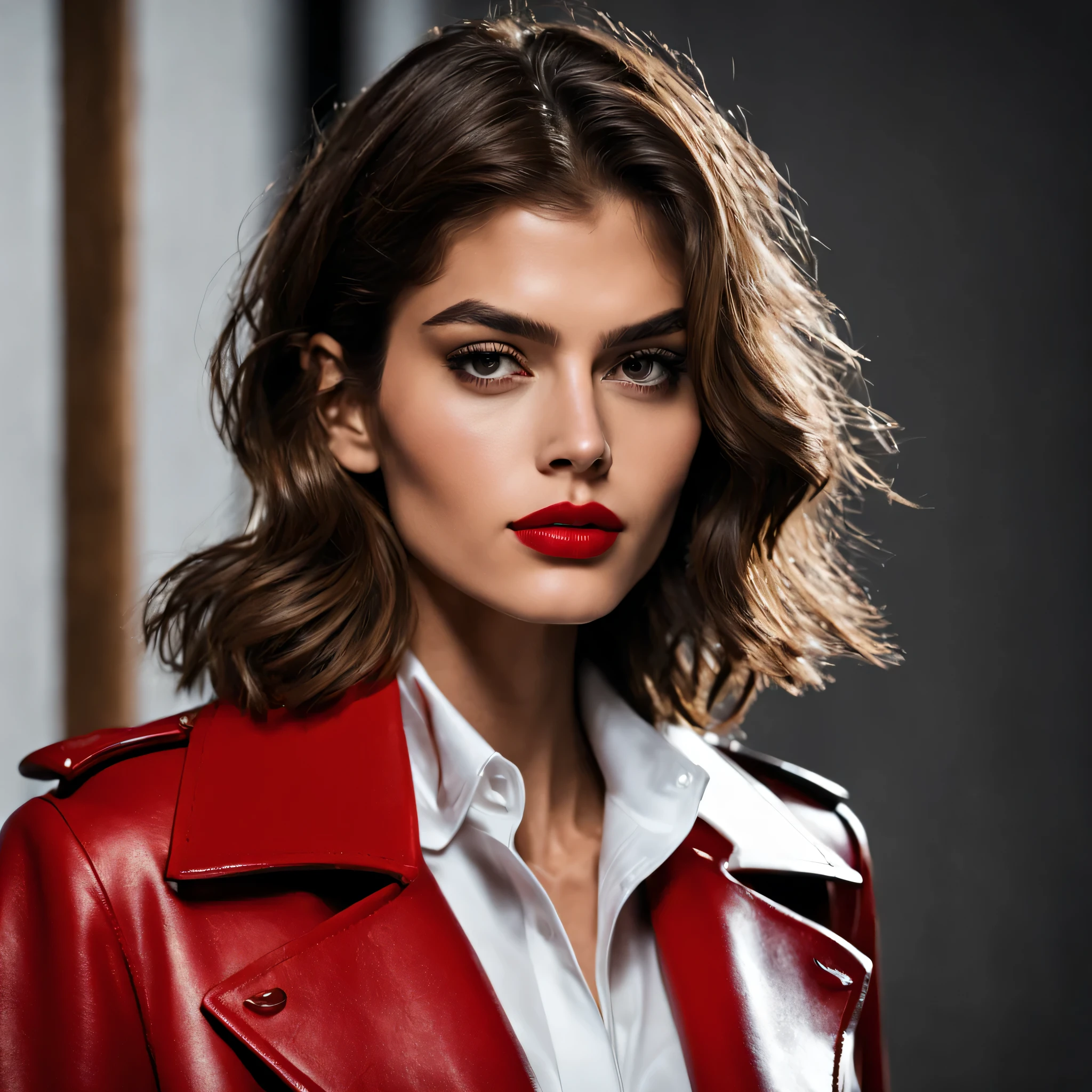 photo 8k, Portrait de Kaia Gerber, manteau rouge, visage parfait, cheveux mi-longs, lipstick, haut blanc moulant, pantalon en cuir moulant noir, Montreal, direct lighting, angle dynamique, 