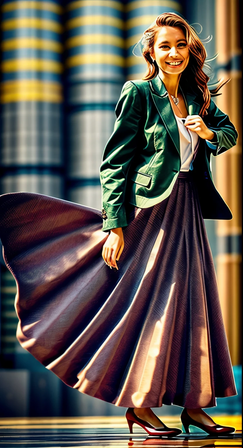 A smiling, authentic, (shy:1,3), kind, beautiful woman, is passionately in love with her skirt, sitting down on the gound while wind lifts her skirt, wearing short blazer and very very detailed (long (fully pleated) full circle skirt) and (low heeled court shoes), very very intricate hyper-detailed symmetric (attractive graceful young feminine face) with (sad, tired eyes and a loving smile), large breasts, full of empathy and compassion and love, (pronounced (feminine) features), (highly detailed ultra accurate realistic) hands and fingers, (windy), epic composition, highly detailed attributes, (35mm f1.4 Kodak portra 400 photograph), extremely high quality RAW photograph, highly detailed atmosphere, sci-fi, cinematic shot, dynamic lighting, 75mm, Technicolor, Panavision, cinemascope, sharp focus, fine details, 8k, HDR, realism, realistic, key visual, film still, superb cinematic color grading, depth of field