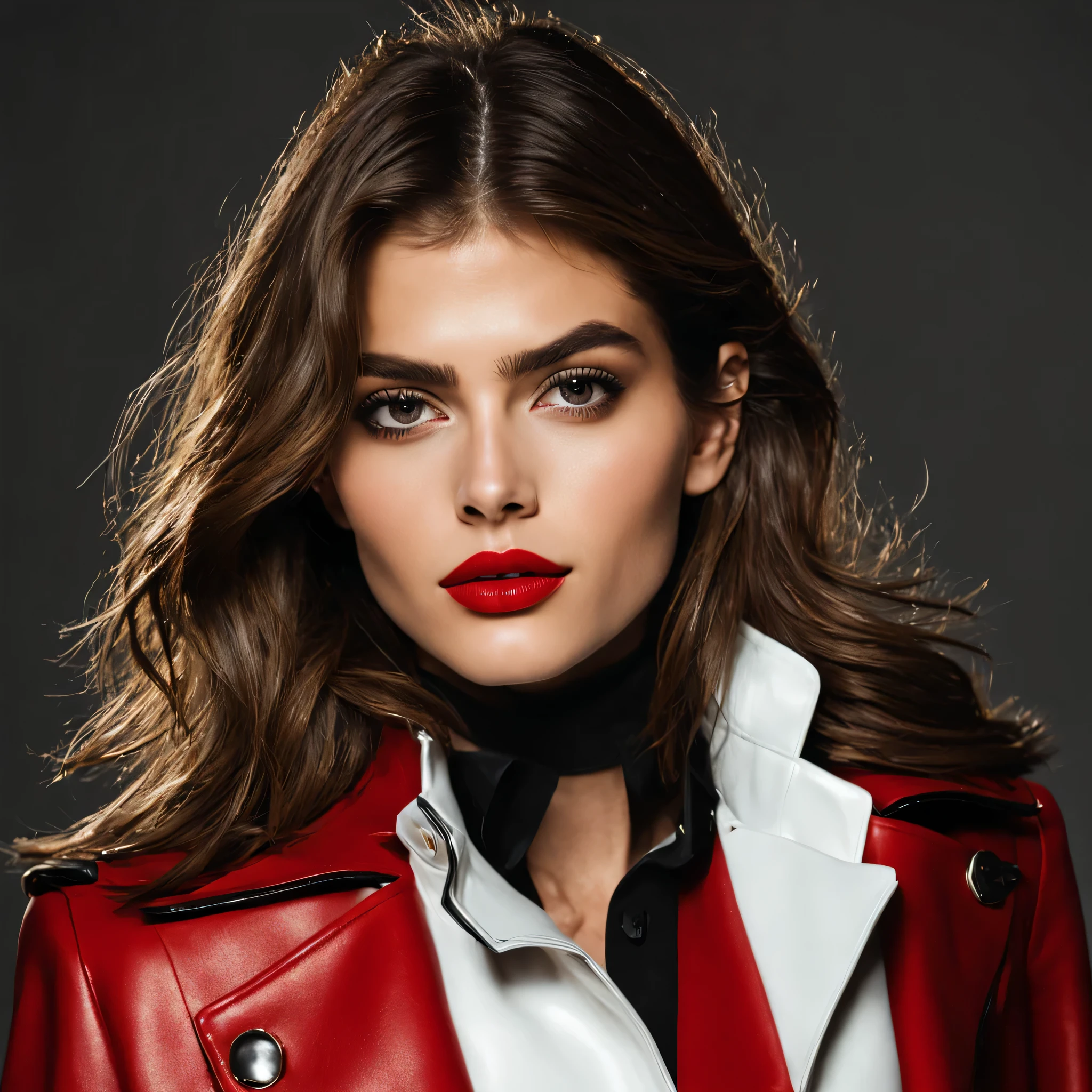 photo 8k, Portrait de Kaia Gerber, manteau rouge, visage parfait, cheveux mi-longs, lipstick, haut blanc moulant, pantalon en cuir moulant noir, Montreal, direct lighting, angle dynamique, 