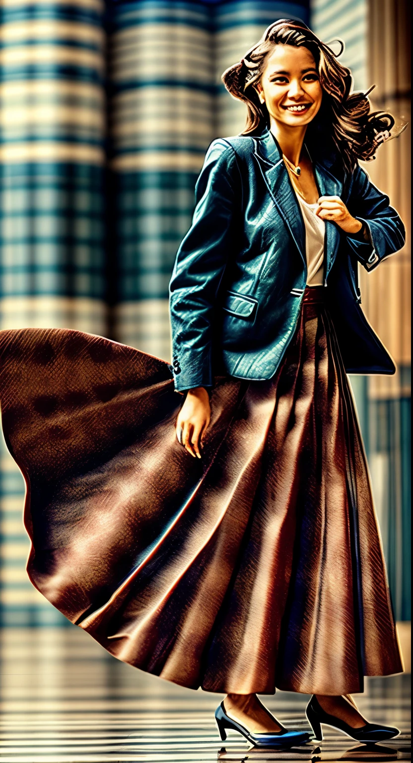 A smiling, authentic, (shy:1,3), kind, beautiful woman, is passionately in love with her skirt, sitting down on the gound while wind lifts her skirt, wearing short blazer and very very detailed (long (fully pleated) full circle skirt) and (low heeled court shoes), very very intricate hyper-detailed symmetric (attractive graceful young feminine face) with (sad, tired eyes and a loving smile), large breasts, full of empathy and compassion and love, (pronounced (feminine) features), (highly detailed ultra accurate realistic) hands and fingers, (windy), epic composition, highly detailed attributes, (35mm f1.4 Kodak portra 400 photograph), extremely high quality RAW photograph, highly detailed atmosphere, sci-fi, cinematic shot, dynamic lighting, 75mm, Technicolor, Panavision, cinemascope, sharp focus, fine details, 8k, HDR, realism, realistic, key visual, film still, superb cinematic color grading, depth of field