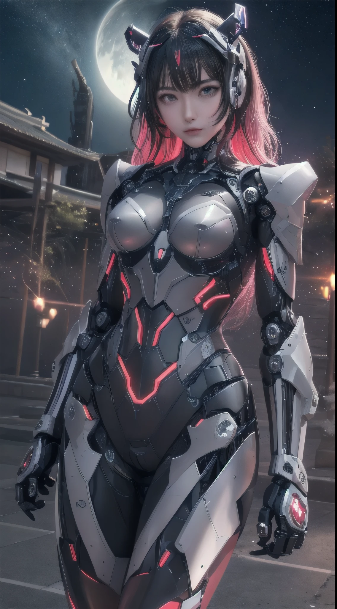 cowboy shot, caustics,reflection,ray tracing,devil theme,nebula,dark aura,cyber effect, (1 girl:1.4),alone,alone,mecha musume,mechanical parts, robot joints,single mechanical arm, headgear, mechanical harrow,hello star,intricate mechanical bodysuit, mech corset, kimono, full armor, very long hair,gray hair, hair between eyes, colorful hair, inner hair coloring, red eyes,glowing eyes,Eye marks, random expression,random action, ancient japanese architecture,pool, starry sky,skyline,