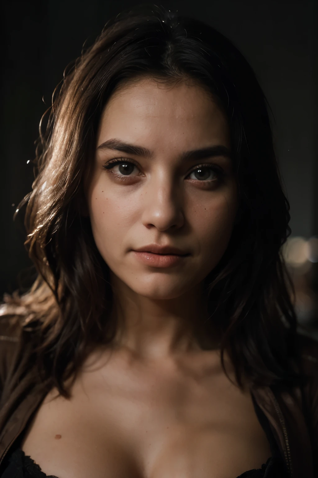 (close-up, editorial photograph of a 21 year old woman), (highly detailed face:1.4) (smile:0.7) (background inside dark, moody, private study:1.3) POV, by lee jeffries, nikon d850, film stock photograph ,4 kodak portra 400 ,camera f1.6 lens ,rich colors ,hyper realistic ,lifelike texture, dramatic lighting , cinestill 800, Indian look