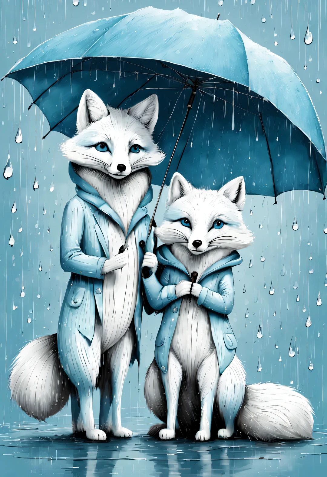 Charming full body caricature of a light blue and white arctic fox couple under an umbrella, raindrop, Ejon Klaassen (Jörn Klassen) re-created in style, toft itself, Featuring modern sketches and dynamic line drawings, brown texture 