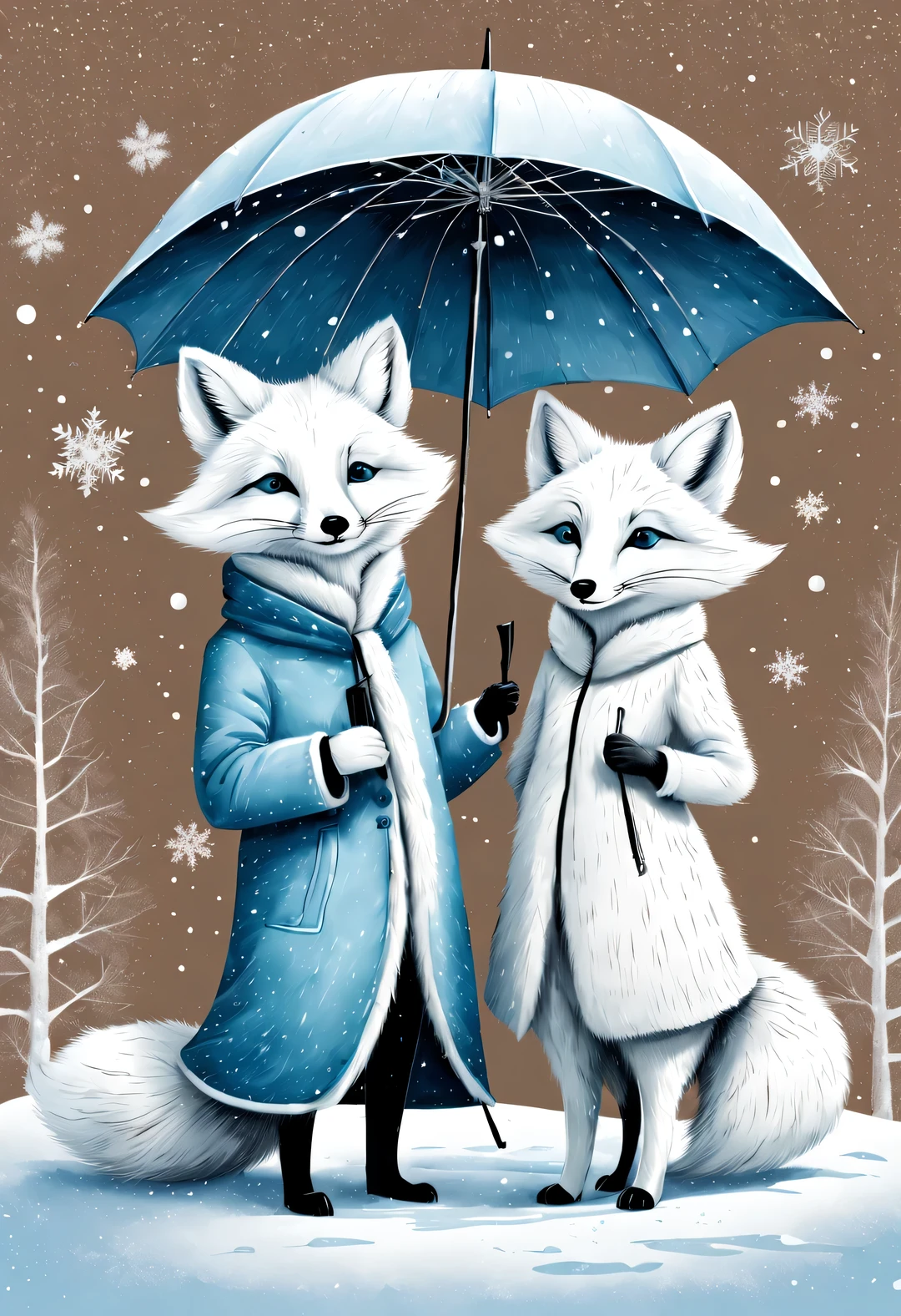 Charming full body cartoon of light blue and white arctic fox couple, snowflakes under umbrella, Ejon Klaassen (Jörn Klassen) re-created in style, toft itself, Modern sketch and dynamic line drawing with brown texture 