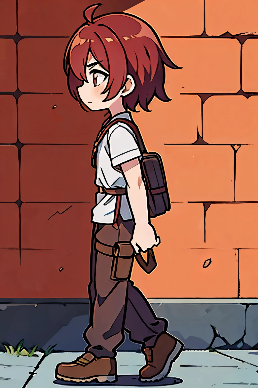 anime male, walking position on the left side, side profile, alley red brick wall background