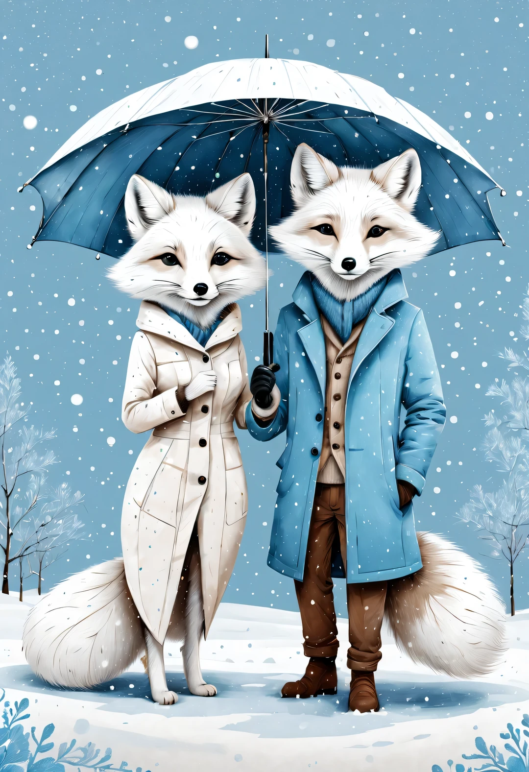 Charming full body cartoon of light blue and white arctic fox couple, snowflakes under umbrella, Ejon Klaassen (Jörn Klassen) re-created in style, toft itself, Modern sketch and dynamic line drawing with brown texture 