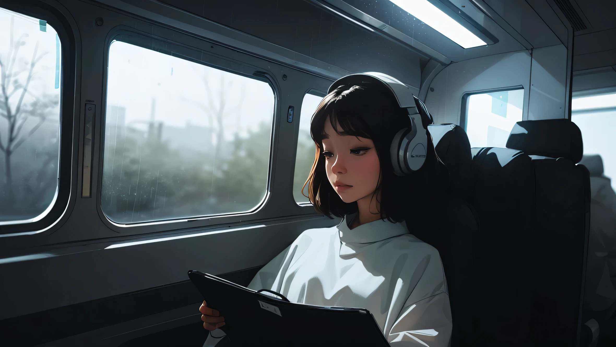 train, Sit by the window, Restful sleep, wearing headphones, take a posture to listen to music, Dark interior, My head got stuck in the glass, Scenery passing by at high speed, night trip, rainy night sky, Beautiful girl, vivid colors, soft focus, light leak, dreamy atmosphere, experimental charm, Nostalgic charm BREAK color field painting, various colors, abstract expressionism, Bold colors, emotional impact, atmospheric depth, MINIMALIST APPROACH BREAK, Pretty Woman, UHD (ultra detail) Looking at viewers wearing hip-hop style streetwear, different, fancy, long, 착색된 long 은발머리 🌈, dark clothes, White stardust in dark areas, absurd, high resolution, very detailed, (1 woman : 1.3), vivid colors, soft focus, light leak, dreamy atmosphere,