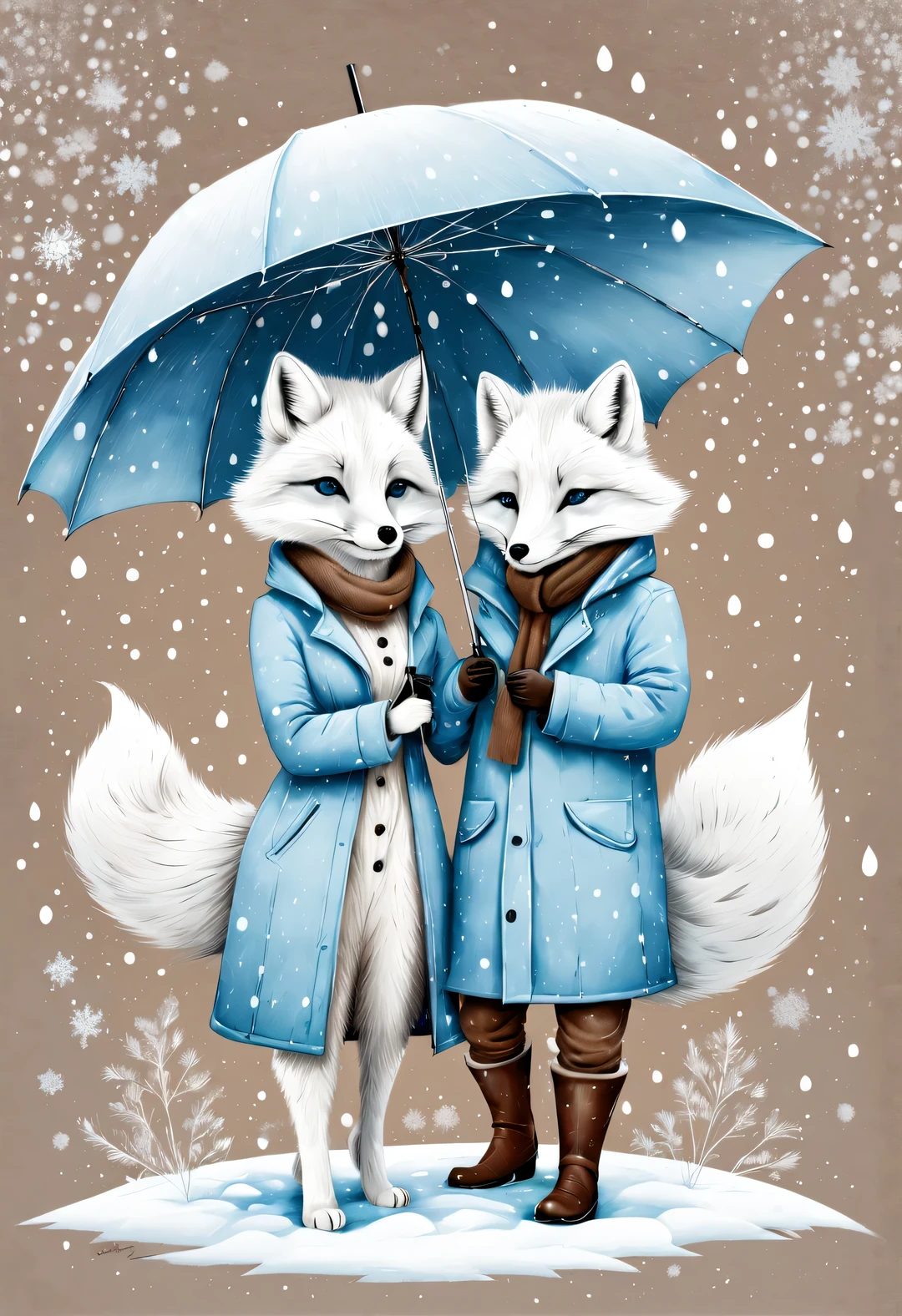 Charming full body cartoon of light blue and white arctic fox couple, snowflakes under umbrella, Ejon Klaassen (Jörn Klassen) re-created in style, toft itself, Modern sketch and dynamic line drawing with brown texture 