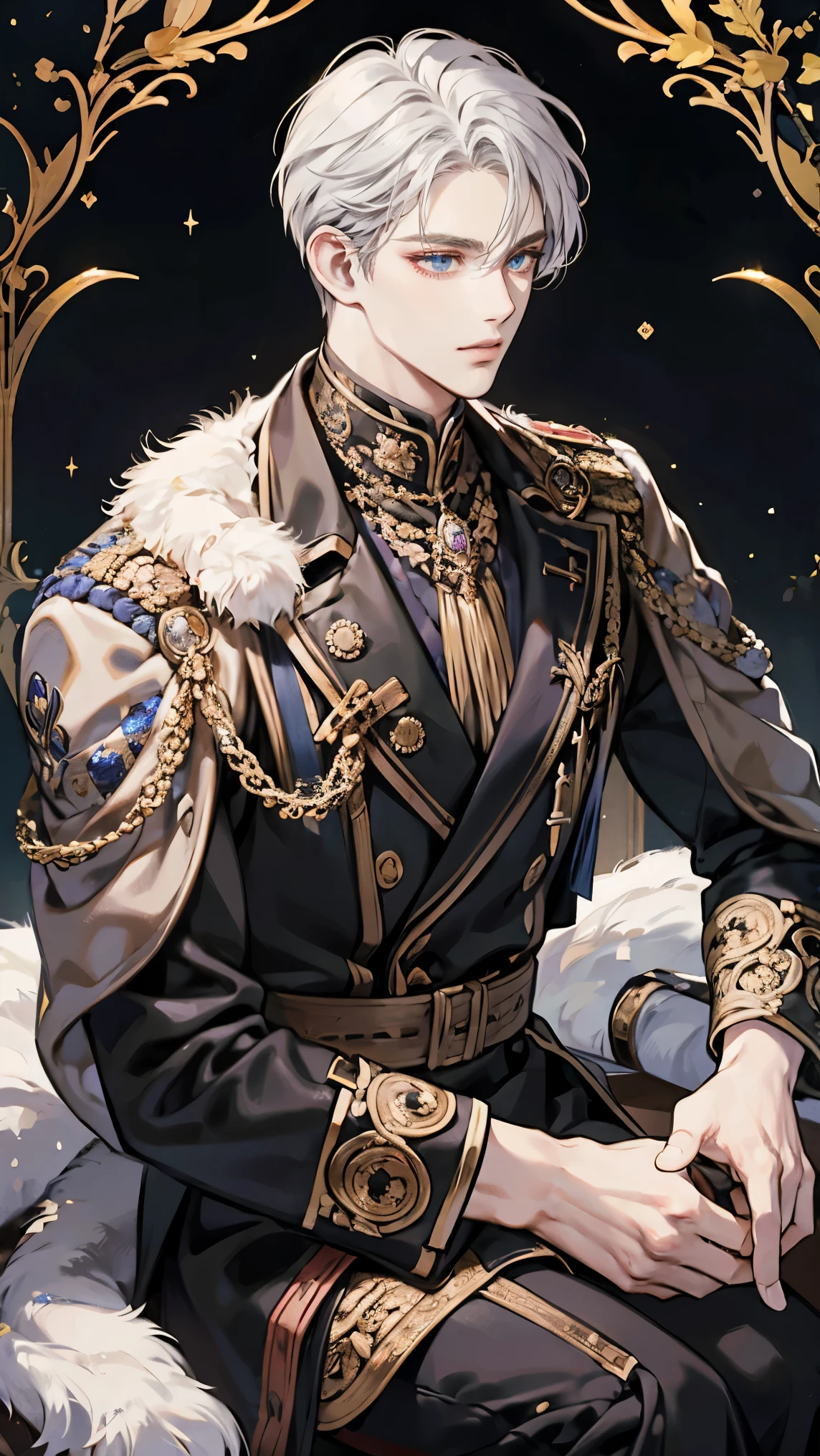 1 male Prince , handsome, medium short hair, wolf cut hair style, half bang to the back, silver hair, golden eyes, mole under eye, cold ayes, cold face, manly face, pale skin, using black sword, wear Black aristrocrat cloth, fur on the neck, castle background, sit on the throne, Have A snow leopard pet, HD face, Ethereal anime.