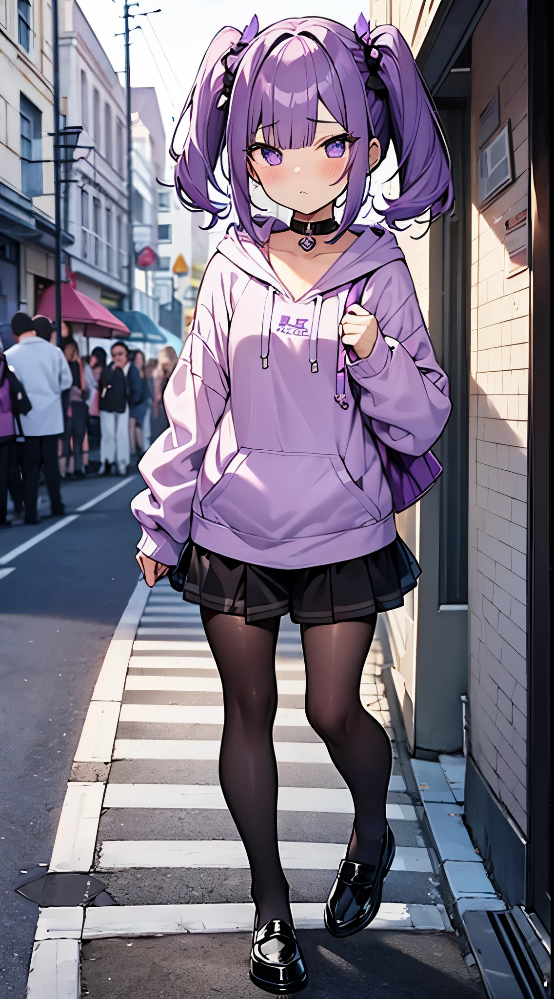 Beautiful boy dressed as a woman、purple hair、(short twin-tailed hair)、Scrunchies in the hair、hoodie、chiffon skirt、(black pantyhose)、loafers、flat chest、pat shoulders、erotic legs、very beautiful pupils、Tokimeki、nervous face、Full body illustration、walking on the sidewalk、